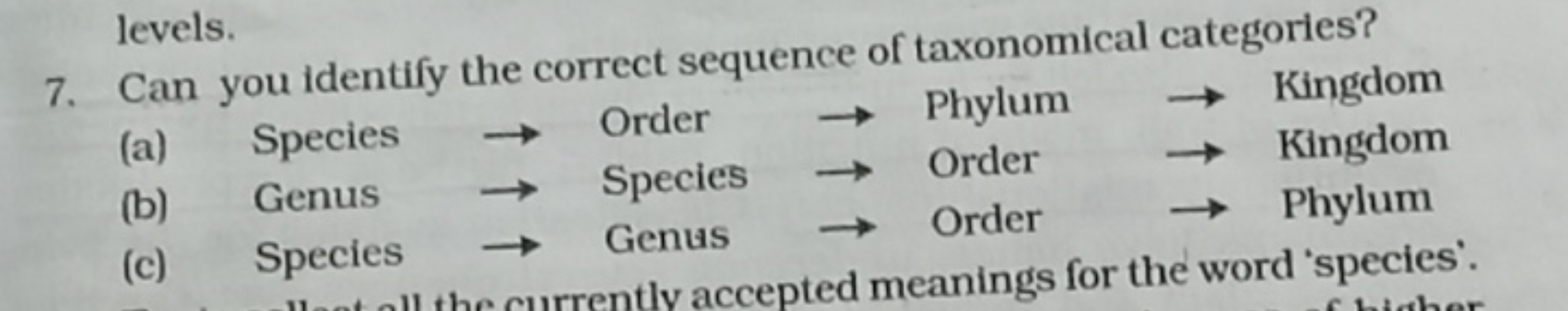 levels.
7. Can you identify the correct sequence of taxonomical catego