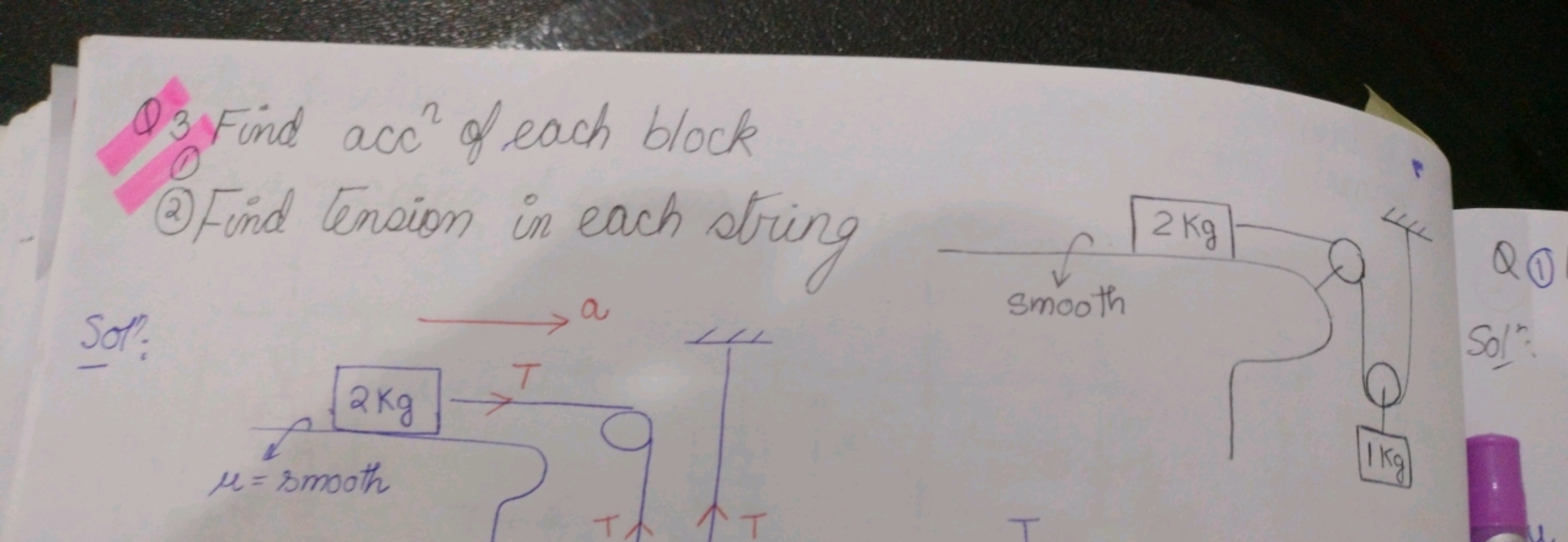 Q3 Find acc2 of each block
(2) Find tension in each string
smooth