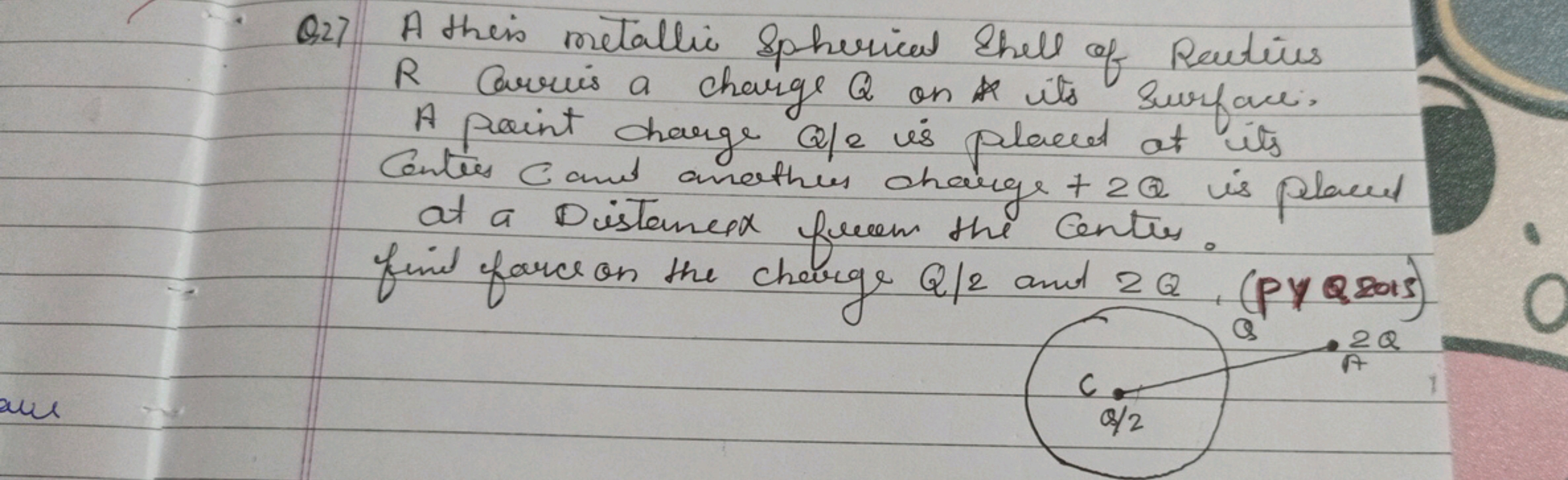 Q27 A this metallic Spherical shell of Rectius R arris a charge Q on i