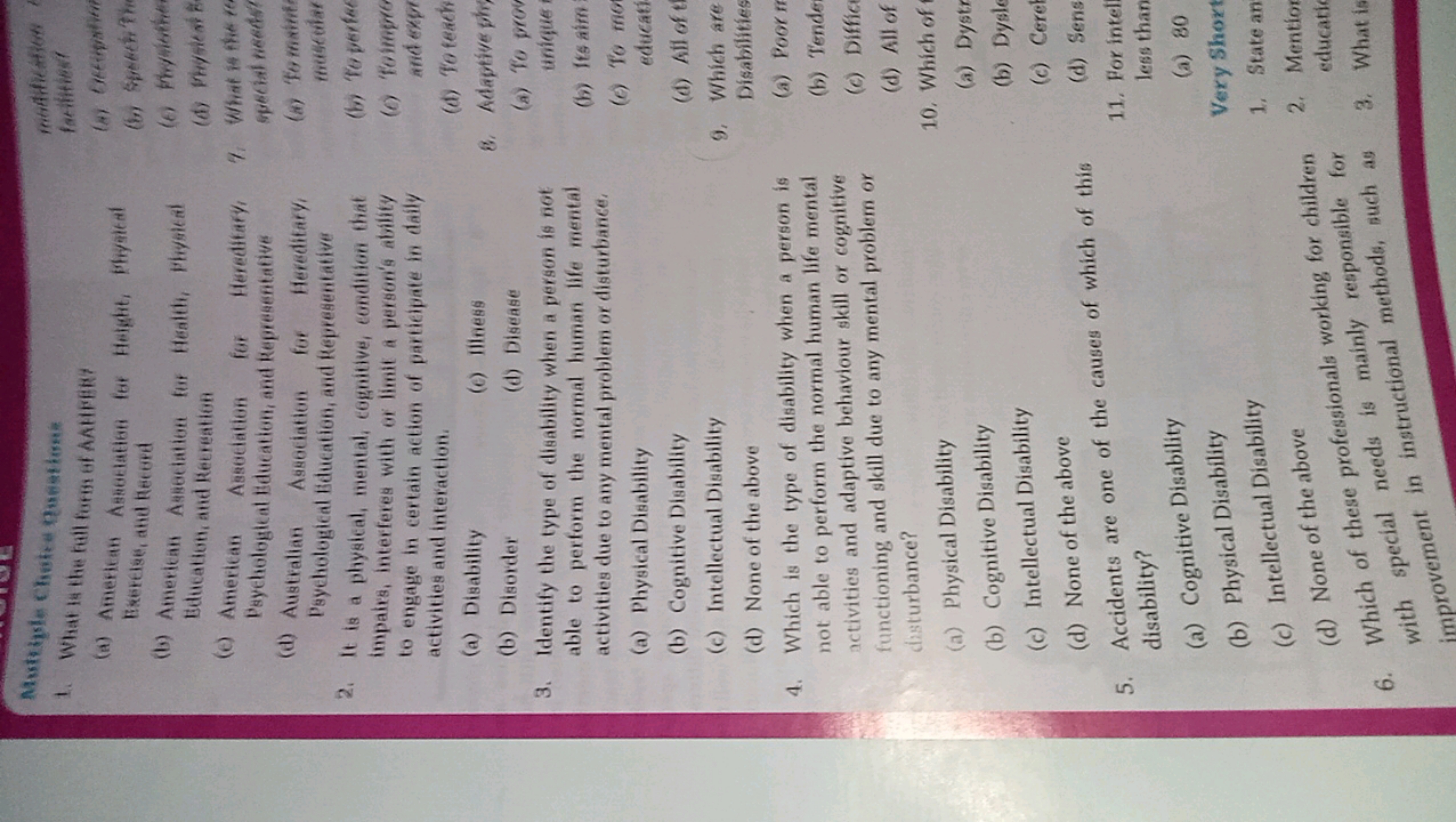 Multiple Choice Questions
1. What is the full form of AAHPER?
(a) Amer