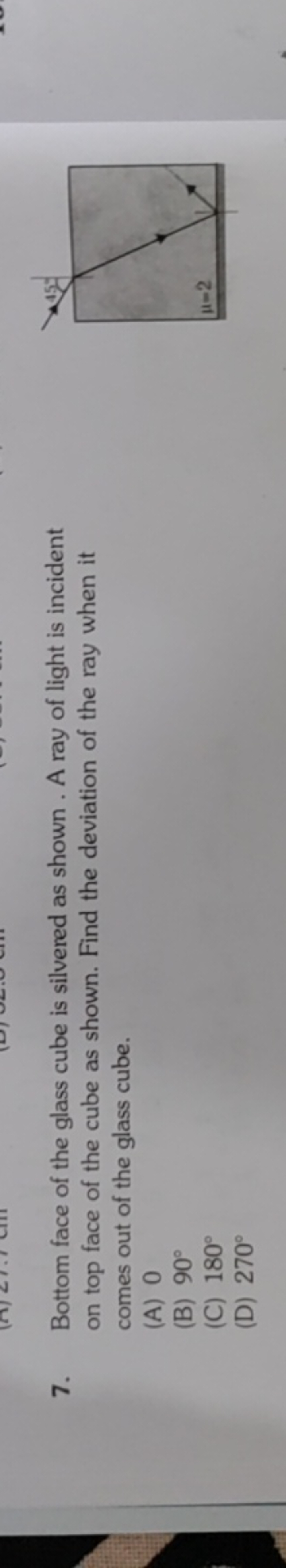 7. Bottom face of the glass cube is silvered as shown. A ray of light 