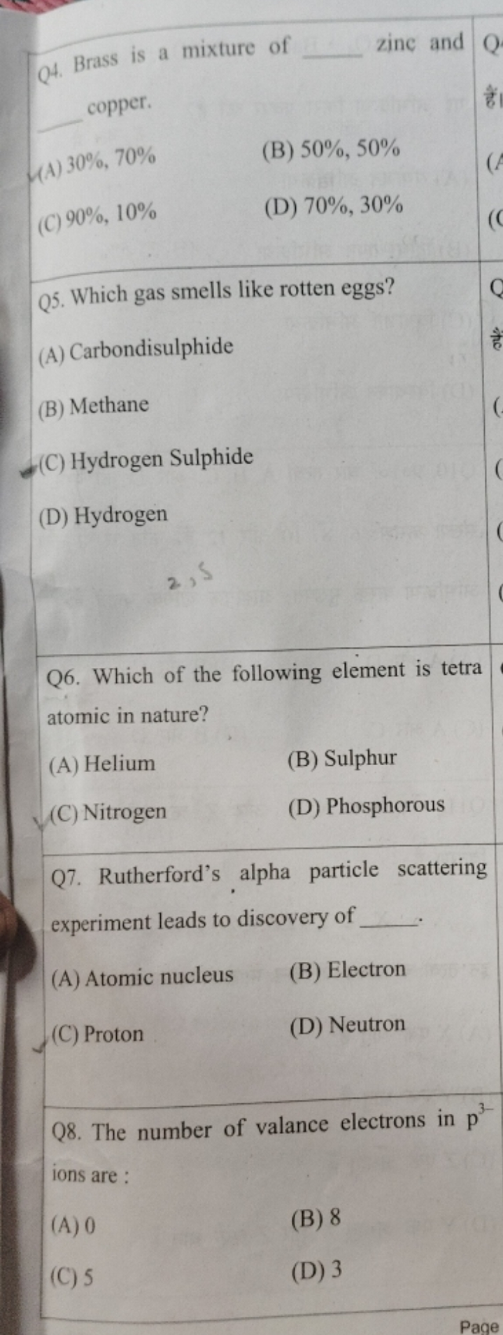 Q4. Brass is a mixture of  zinc and  copper.
(A) 30%,70%
(B) 50%,50%
(
