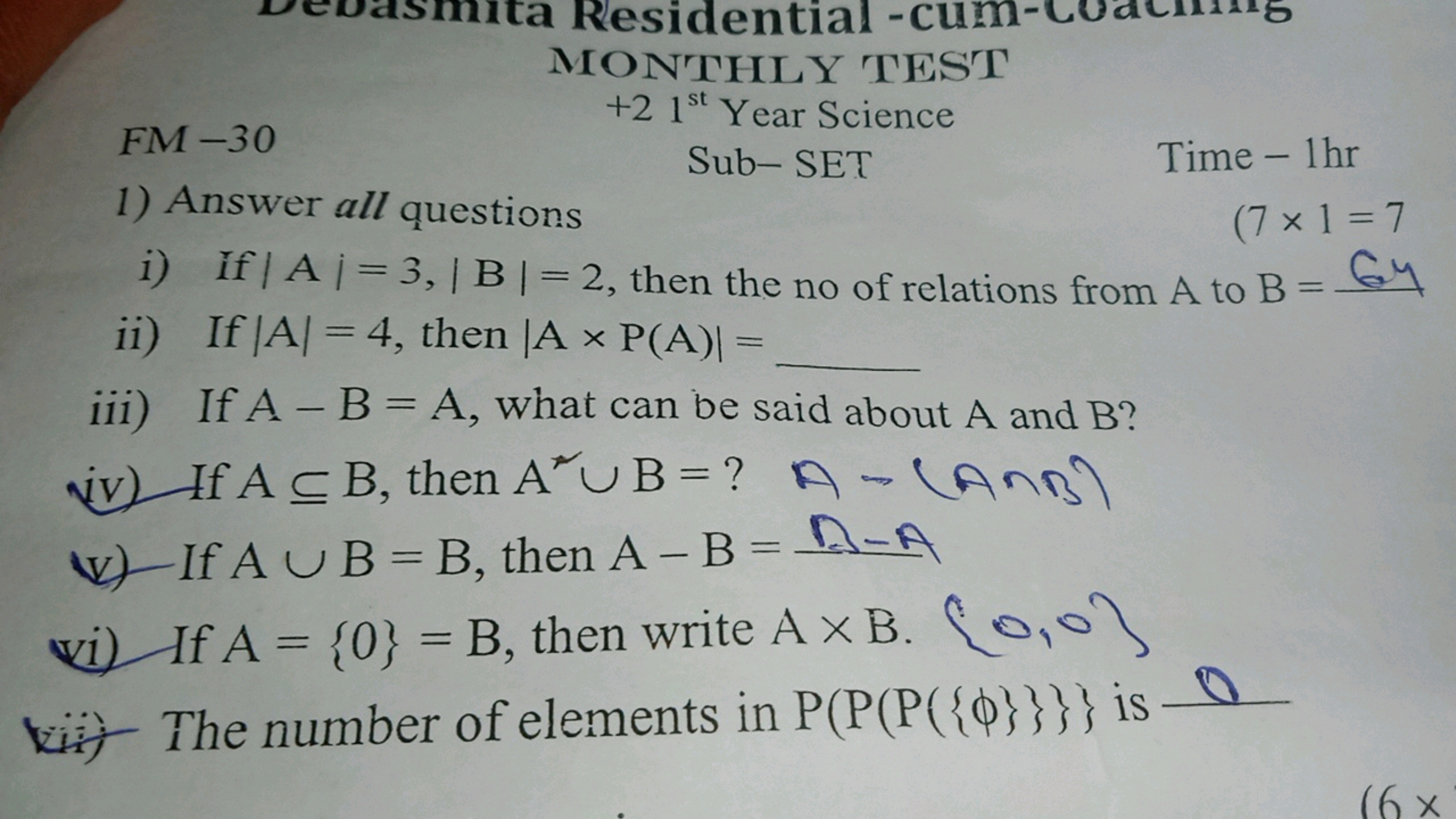 MONTEHLY TEST
FM - 30
+21st  Year Science
1) Answer all questions

Sub