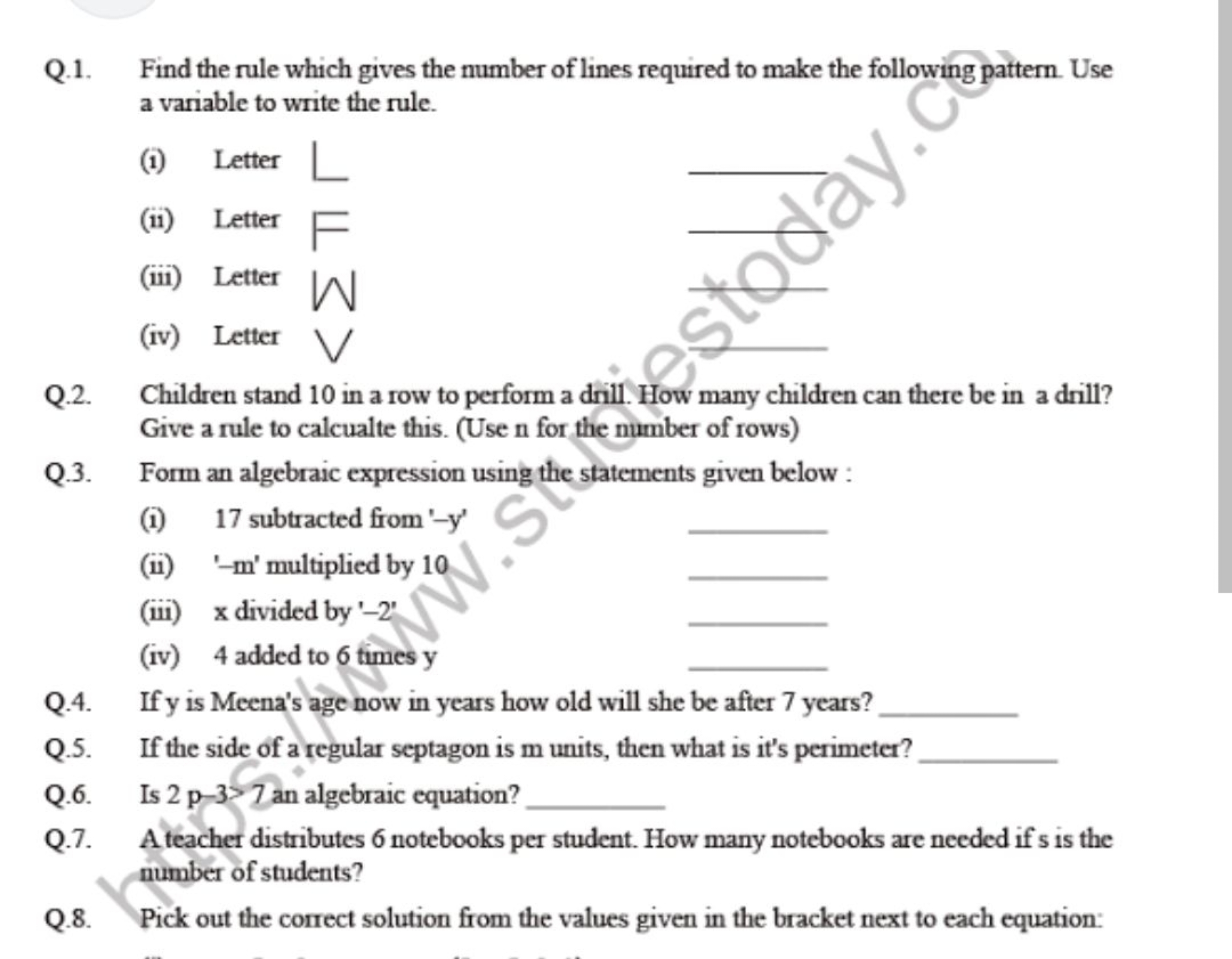 Q.1. Find the rule which gives the number of lines required to make th