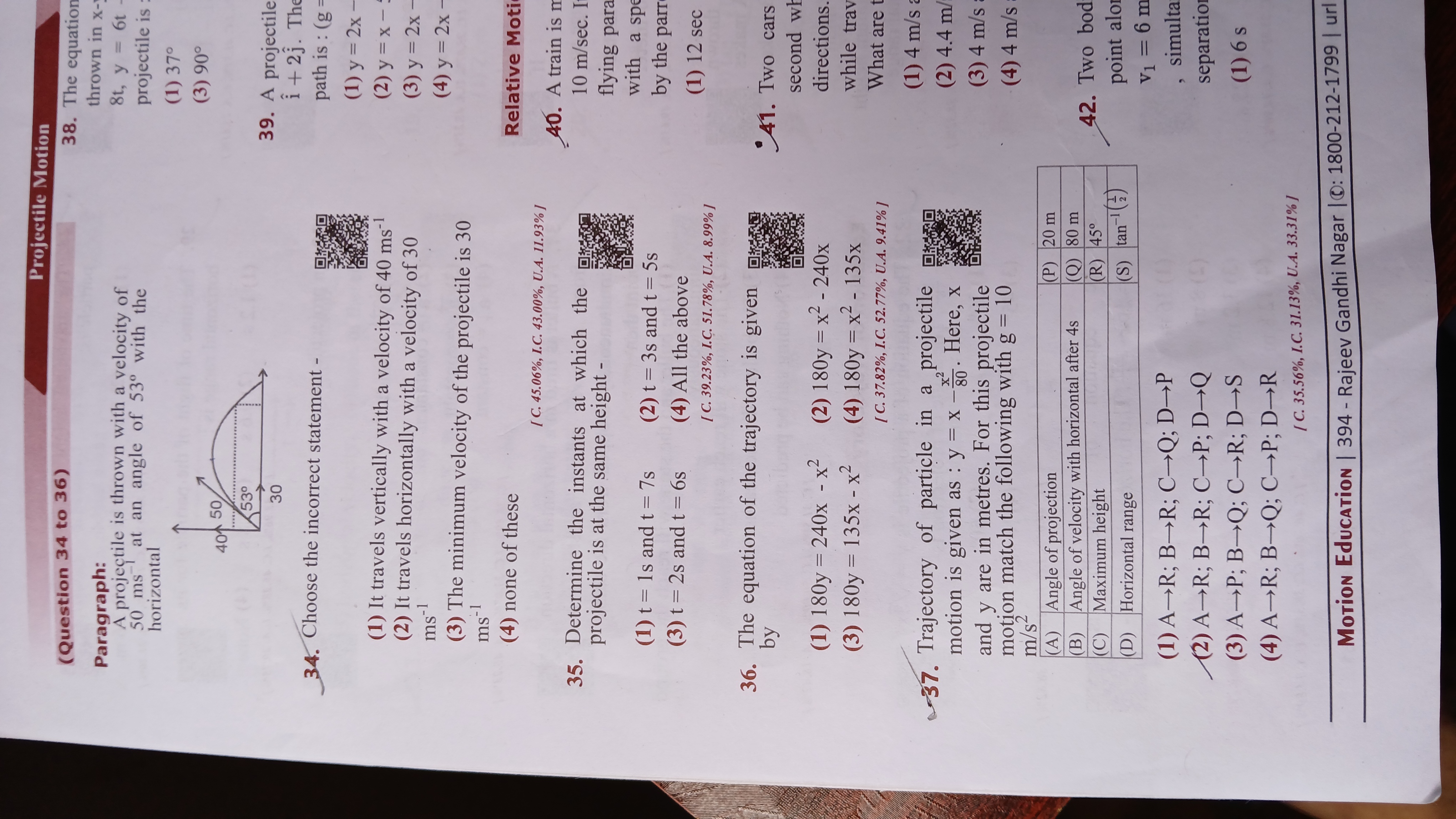 Projectile Motion
(Question 34 to 36 )
Paragraph:
A projectile is thro