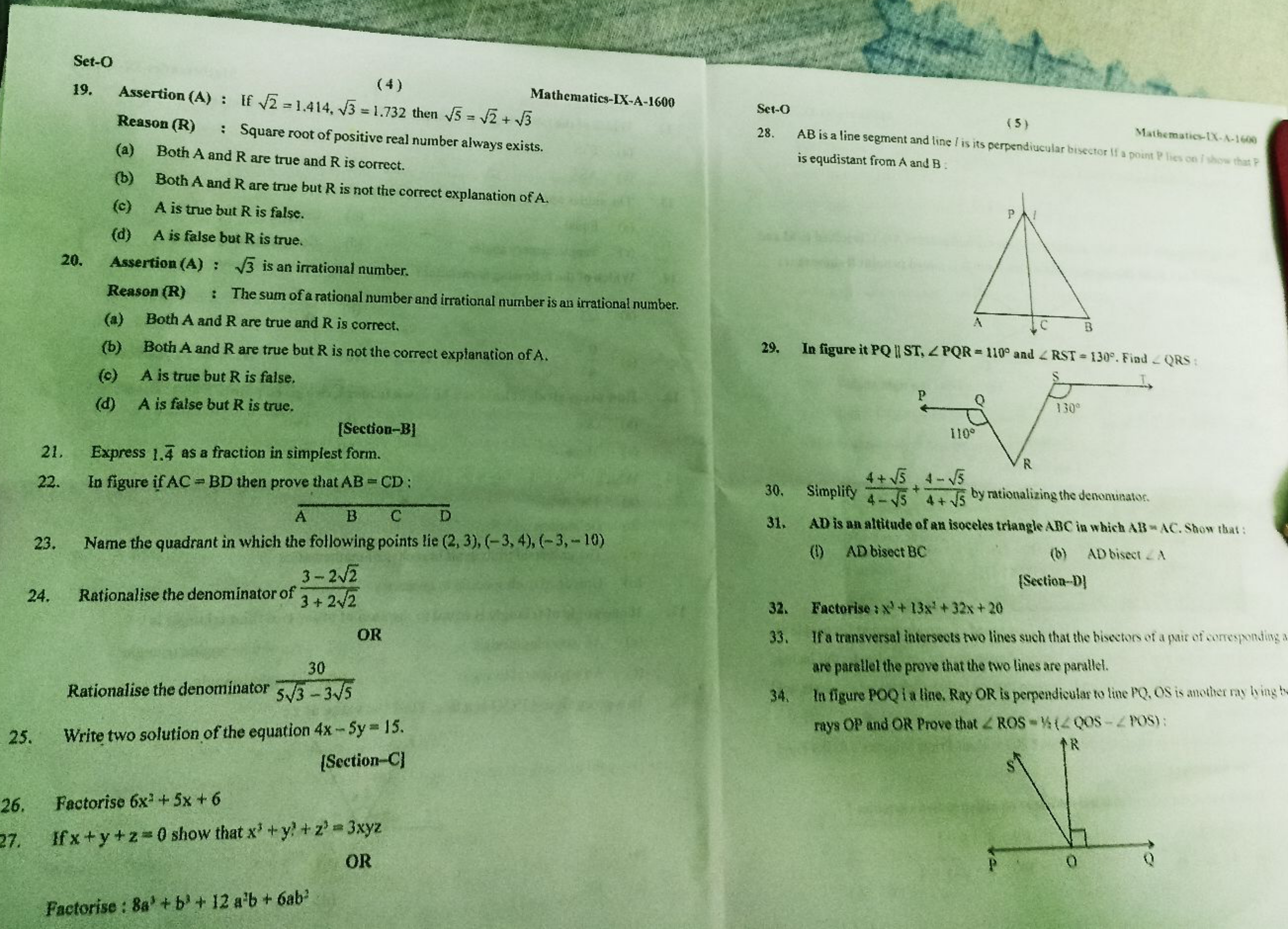 Mathematics-IX-A-1600
Set-O
19. Assertion (A): If √√2=1.414, √3 = 1.73