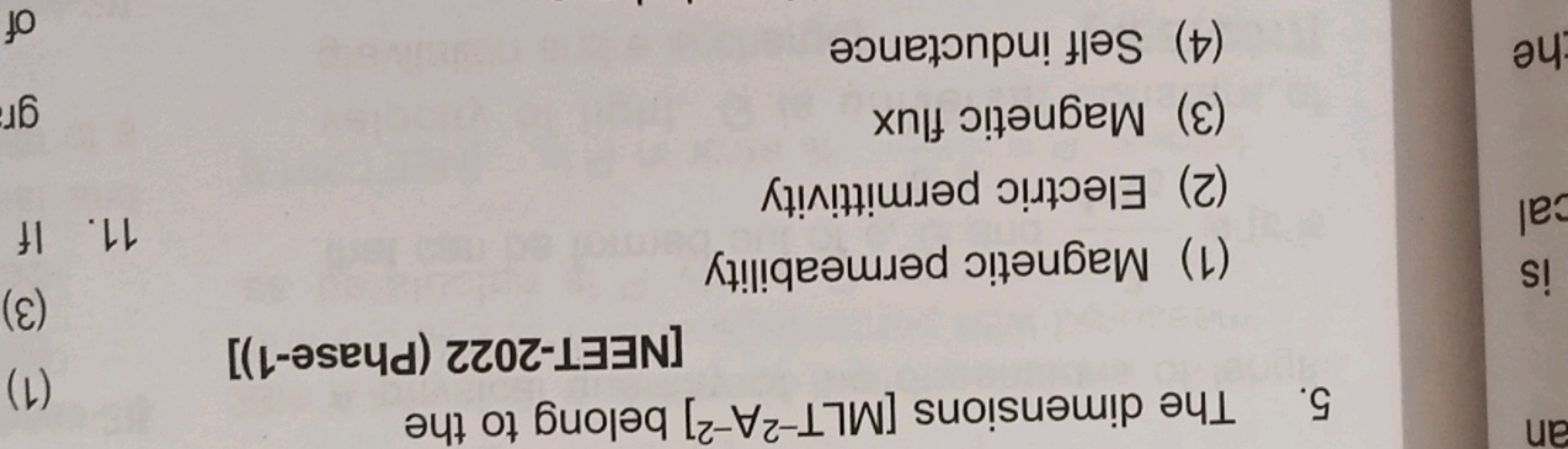 5. The dimensions [MLT−2 A−2] belong to the
[NEET-2022 (Phase-1)]
(1) 