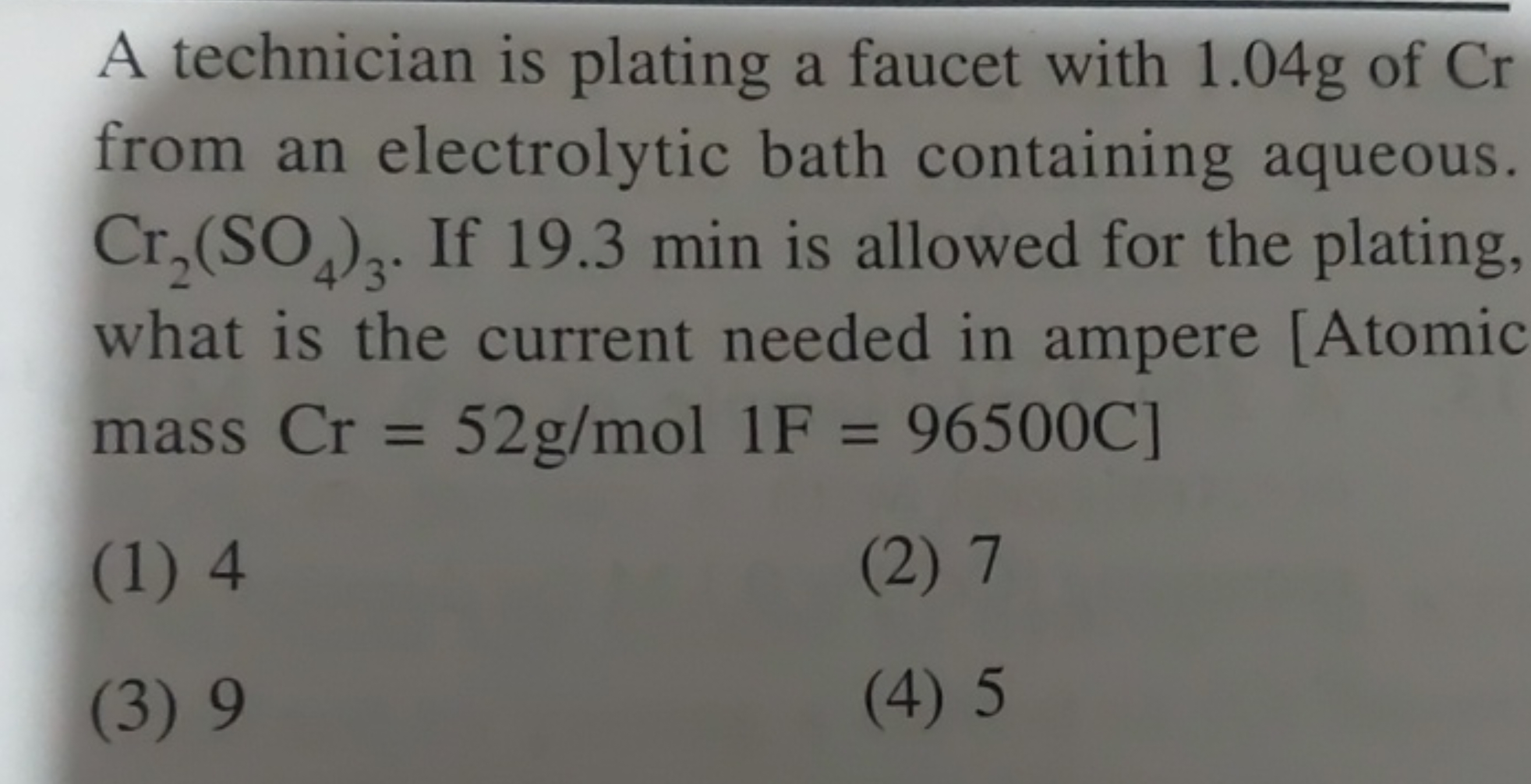 A technician is plating a faucet with 1.04 g of Cr from an electrolyti