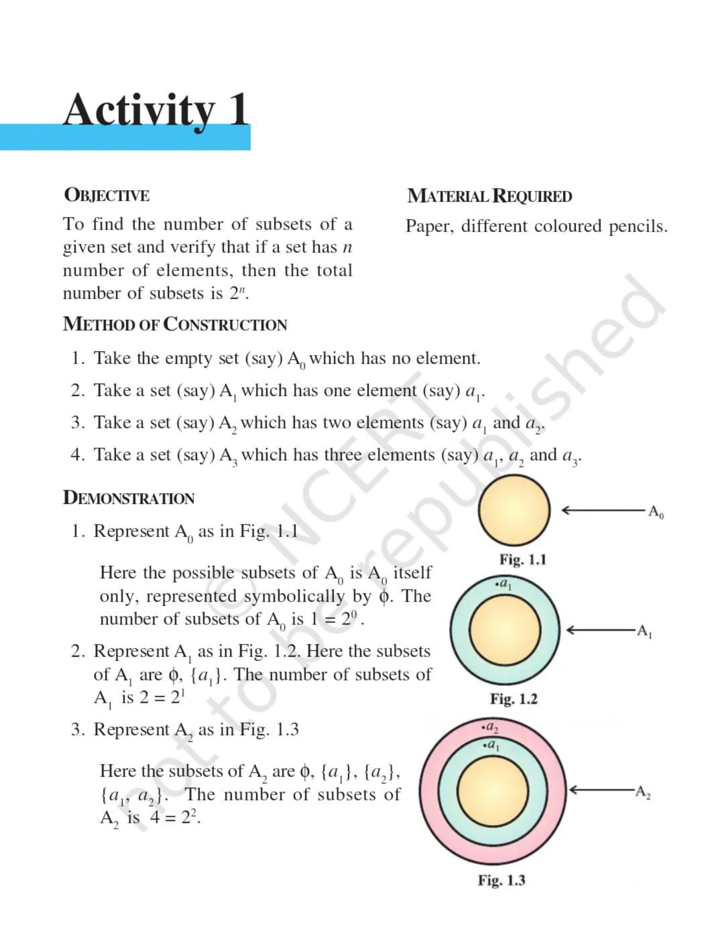 Activity 1

ObJective
To find the number of subsets of a given set and