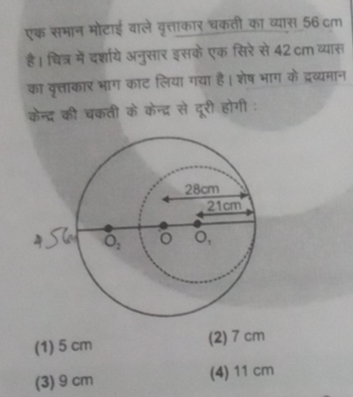 एक समान मोटाई वाले वृत्ताकार चकती का व्यास 56 cm है। पित्र में दर्शाये