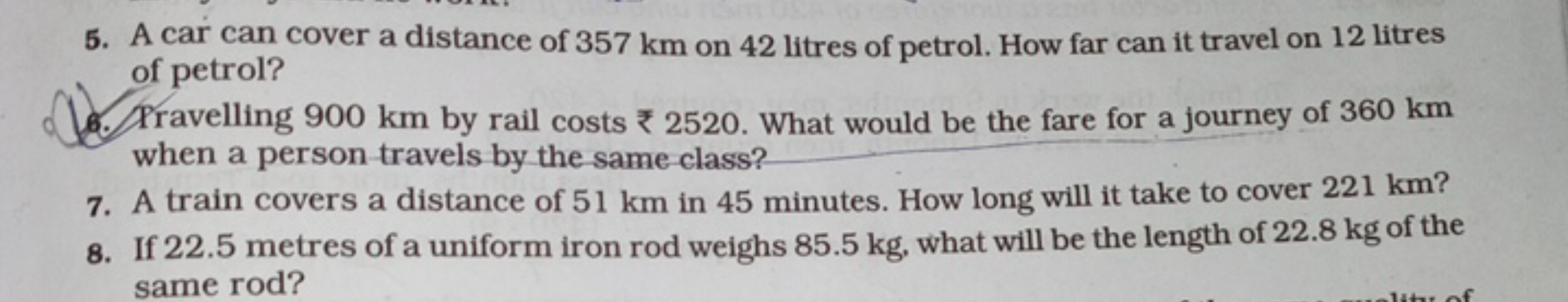 5. A car can cover a distance of 357 km on 42 litres of petrol. How fa