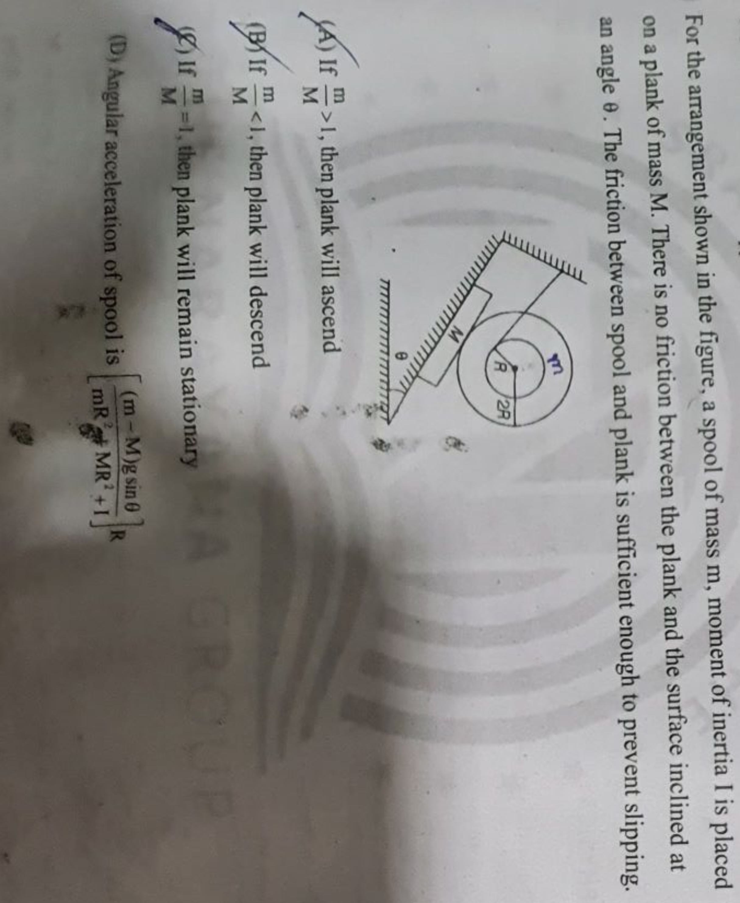 For the arrangement shown in the figure, a spool of mass m, moment of 