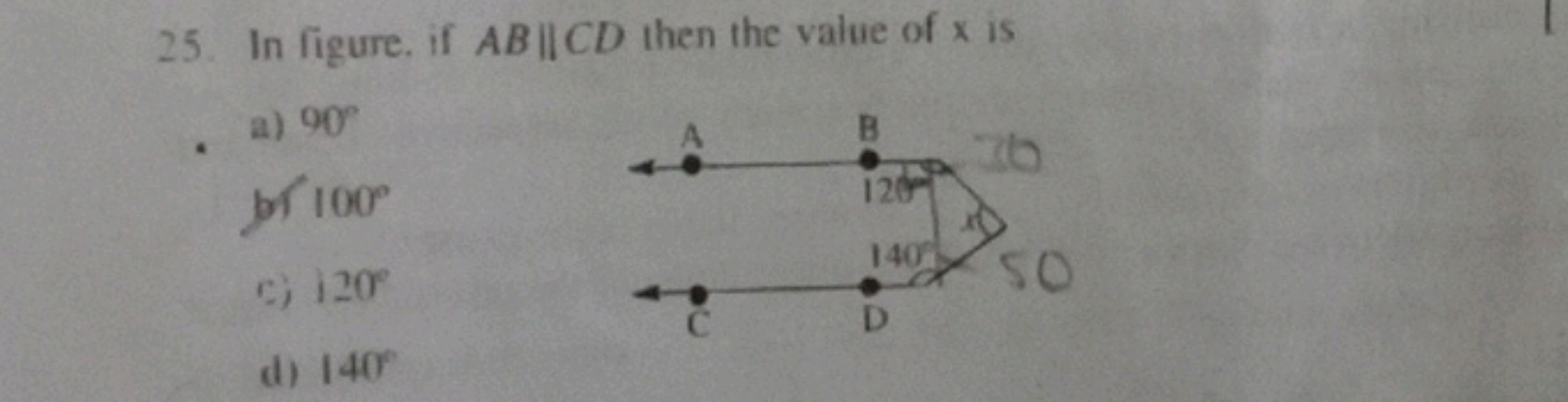 25. In figure, if AB∥CD then the value of x is
a) 90∘
bf 100∘
c) 120∘
