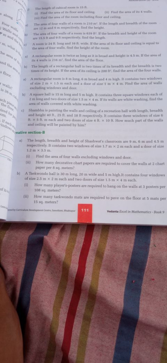 a) The length of cubical room in 15 ft .
(i) Find the area of its floo