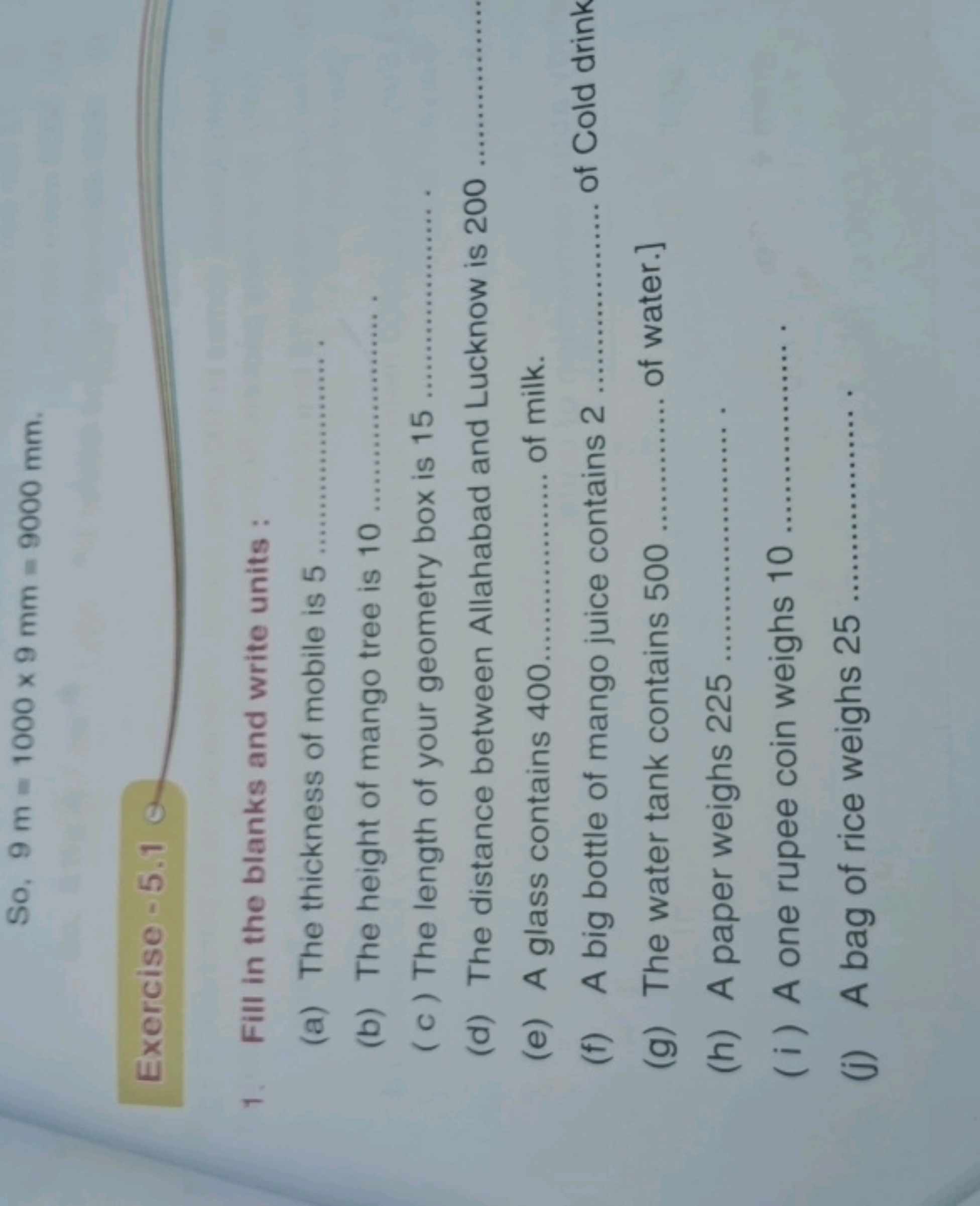 So, 9 m=1000×9 mm=9000 mm.

Exercise-5.1
1. Fill in the blanks and wri