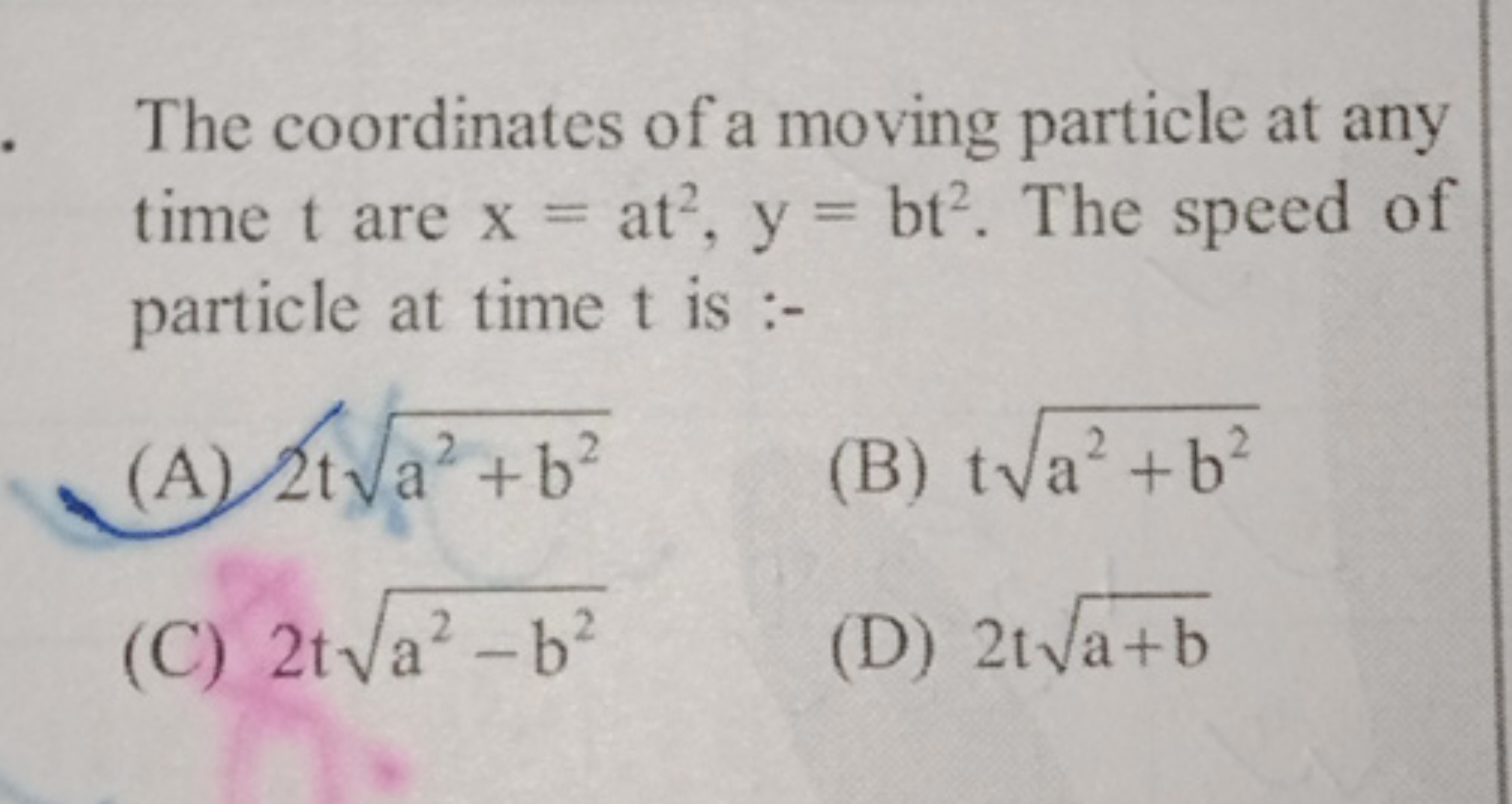 The coordinates of a moving particle at any time t are x=at2,y=bt2. Th