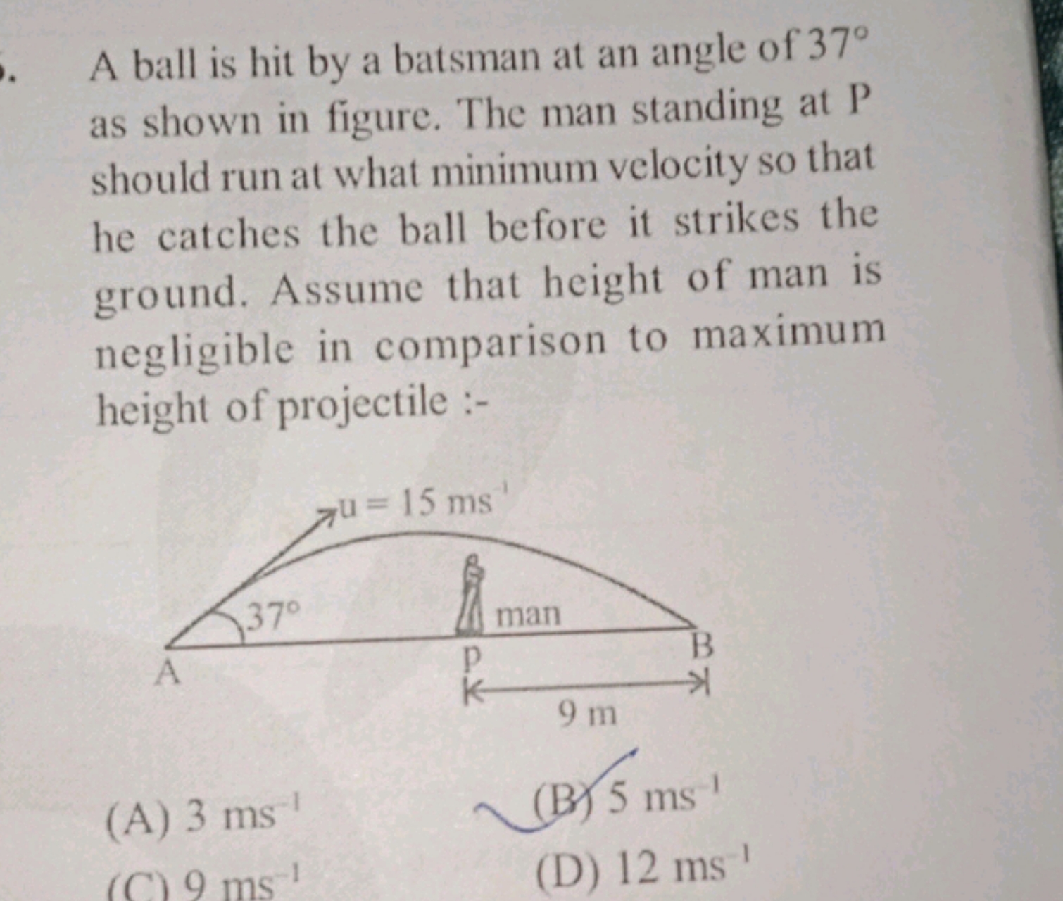 A ball is hit by a batsman at an angle of 37∘ as shown in figure. The 