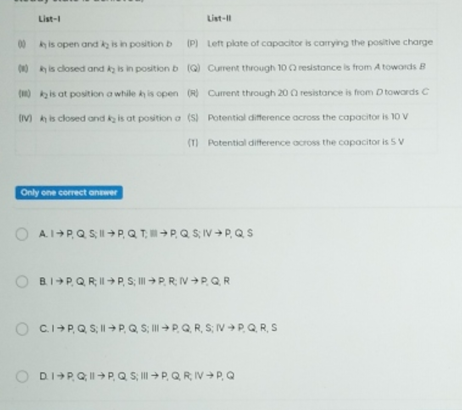 List-1
List-II
(0) k1​ is open and k2​ is in position b
(P) Left plate