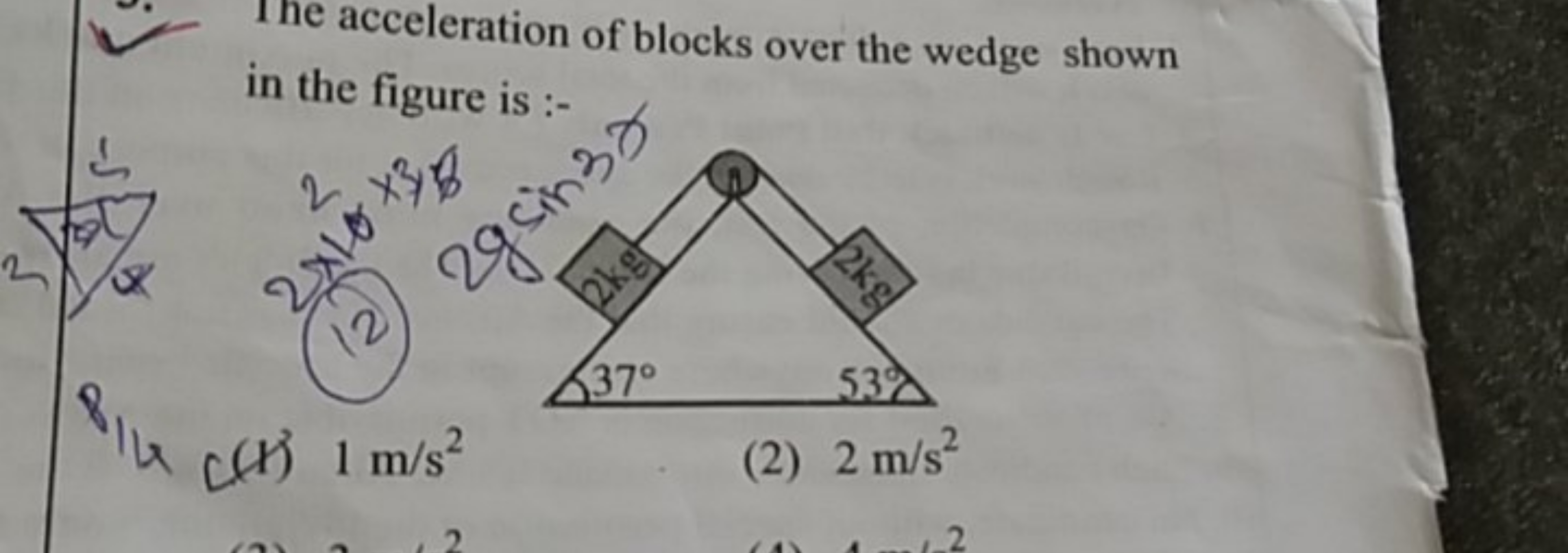 The acceleration of blocks over the wedge shown in the figure is :-
8/