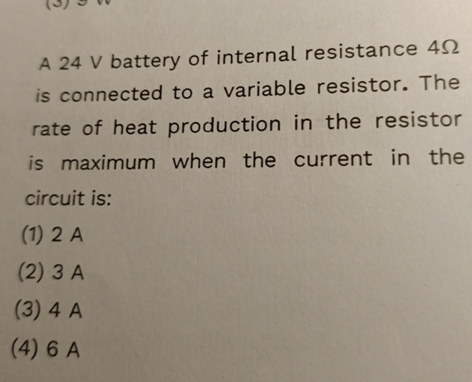 A 24 V battery of internal resistance 4Ω is connected to a variable re