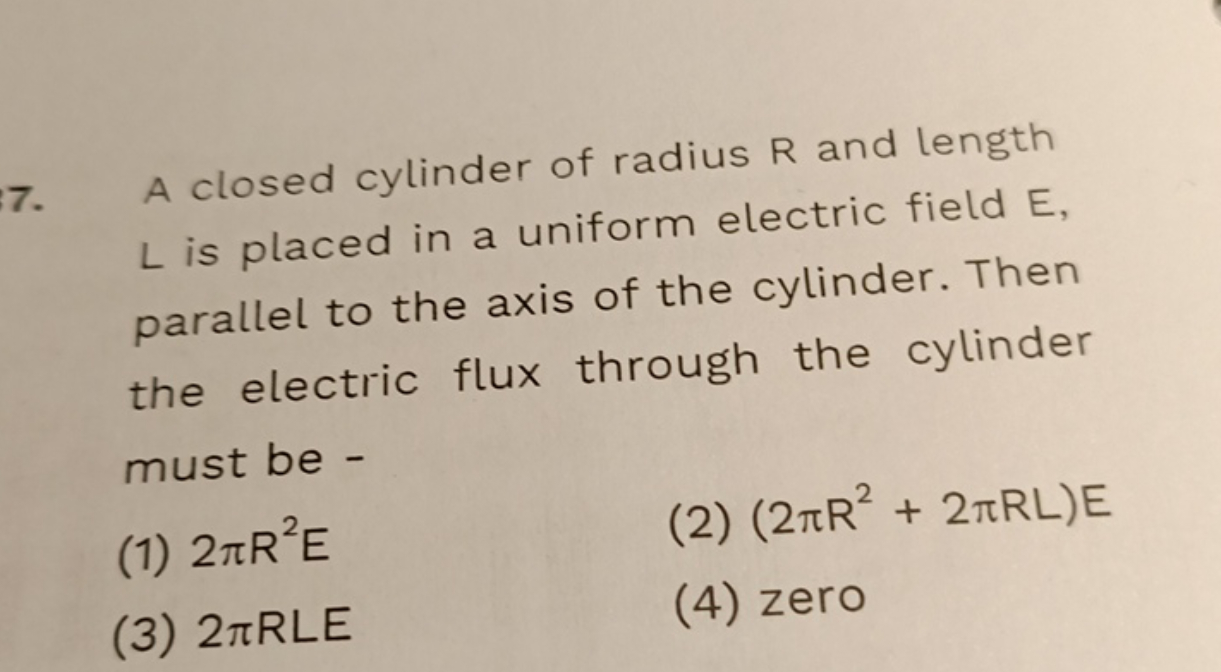 7. A closed cylinder of radius R and length L is placed in a uniform e