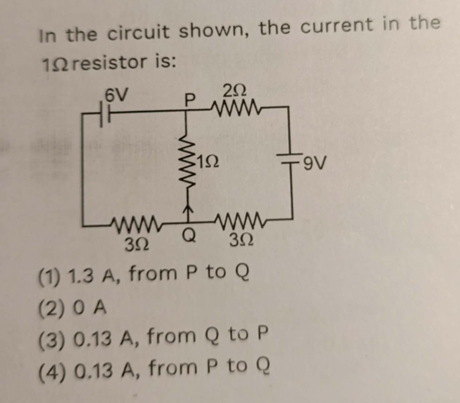 In the circuit shown, the current in the 1Ω resistor is:
(1) 1.3 A , f