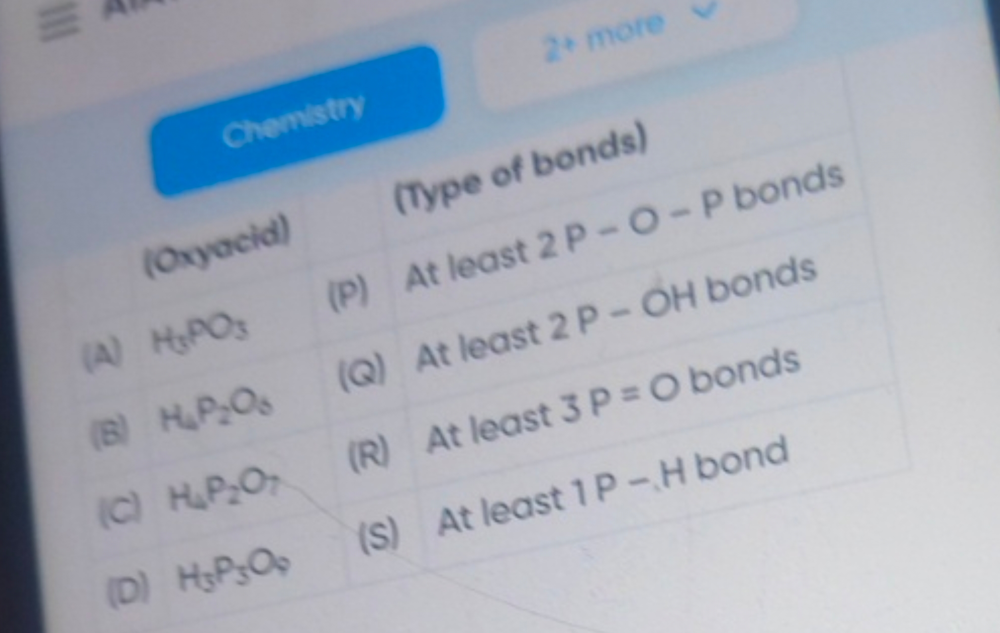 Crenistry
(Type of bonds)
(P) At least 2P−O−P bonds
(A) H3​PO3​
(Q) At