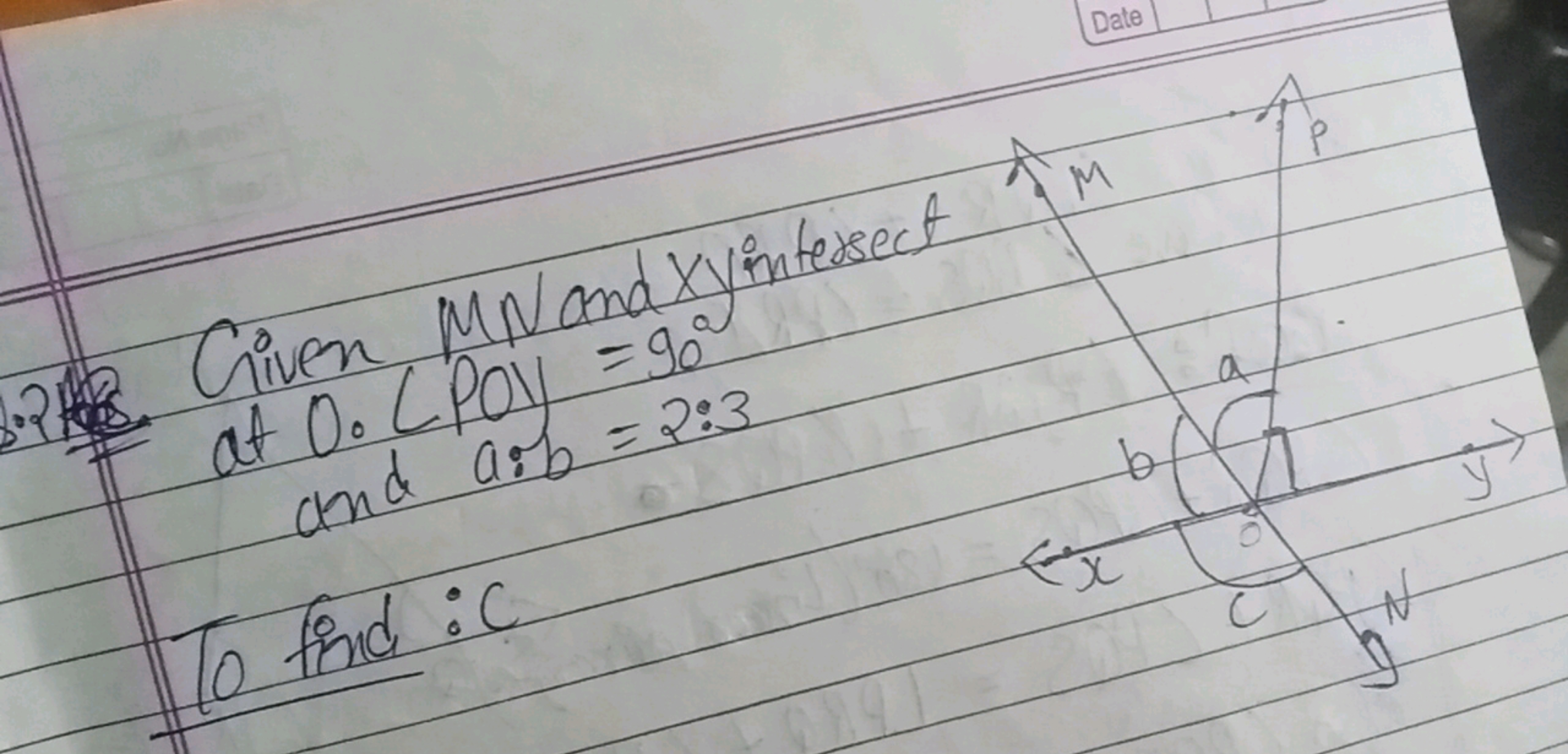 Given MN and xv2 intersect
at O.LPOy=90∘ and a:b=2:3

To find: c