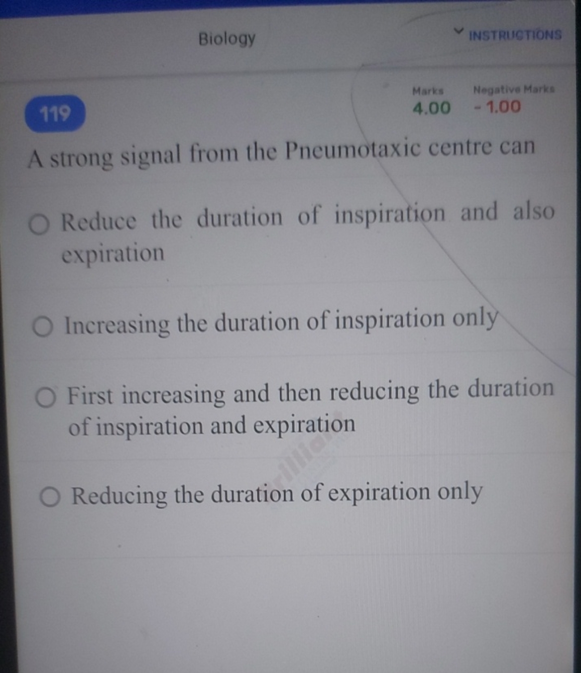 Biology
INSTRUGTIONS
119
Marks
Negative Marke
4.00−1.00
A strong signa