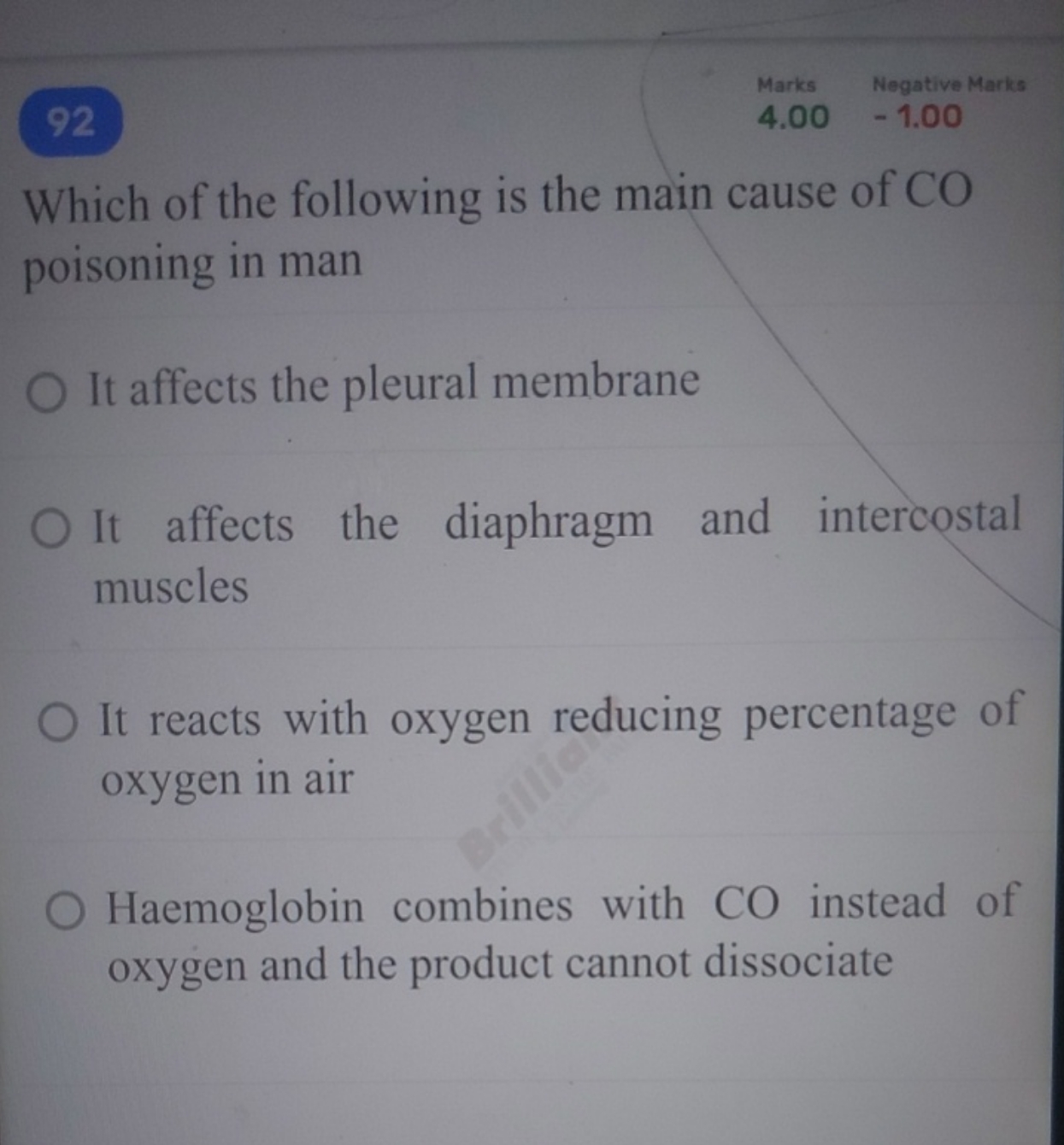 92
Marks
Negative Marks
Which of the following is the main cause of CO