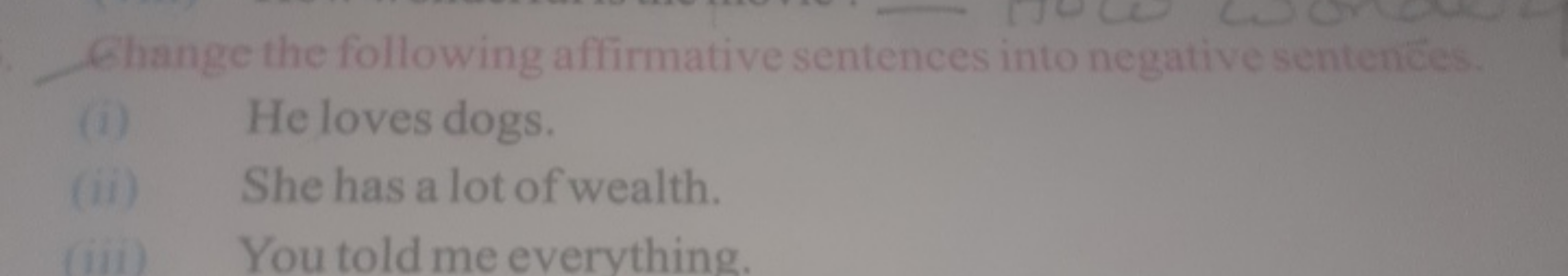 Ghange the following affirmative sentences into negative sentences.
(i