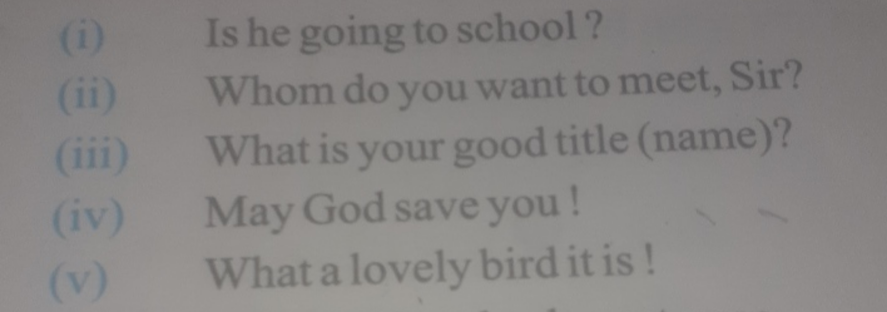 (i) Is he going to school?
(ii) Whom do you want to meet, Sir?
(iii) W