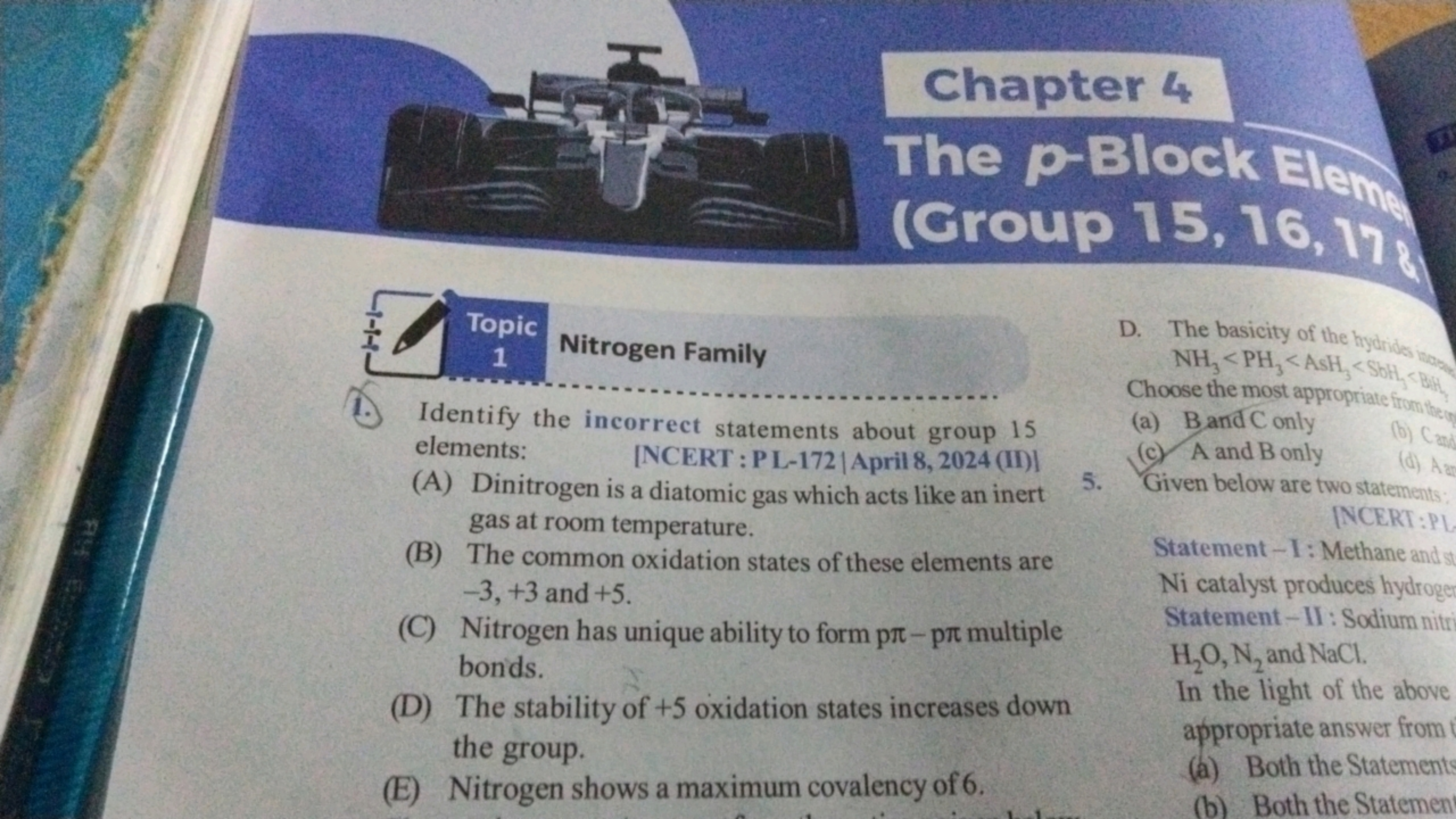 H
Topic Nitrogen Family
1
Chapter 4
The p-Block Eleme
(Group 15, 16, 1