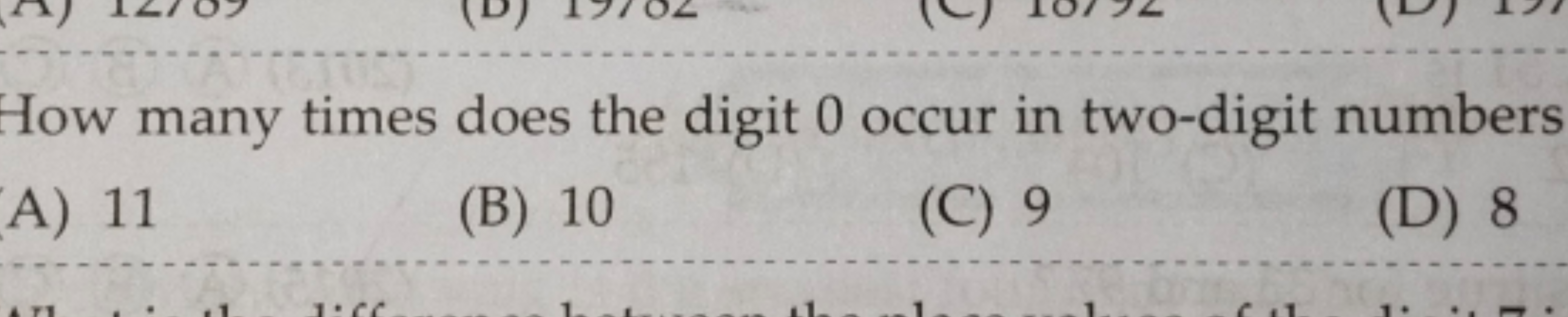 How many times does the digit 0 occur in two-digit numbers
A) 11
(B) 1