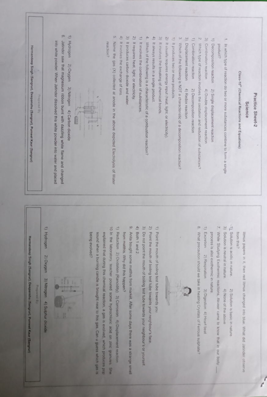 Practice Sheet-2
Science

Class-10 (Chemical Reactions and Equations)
