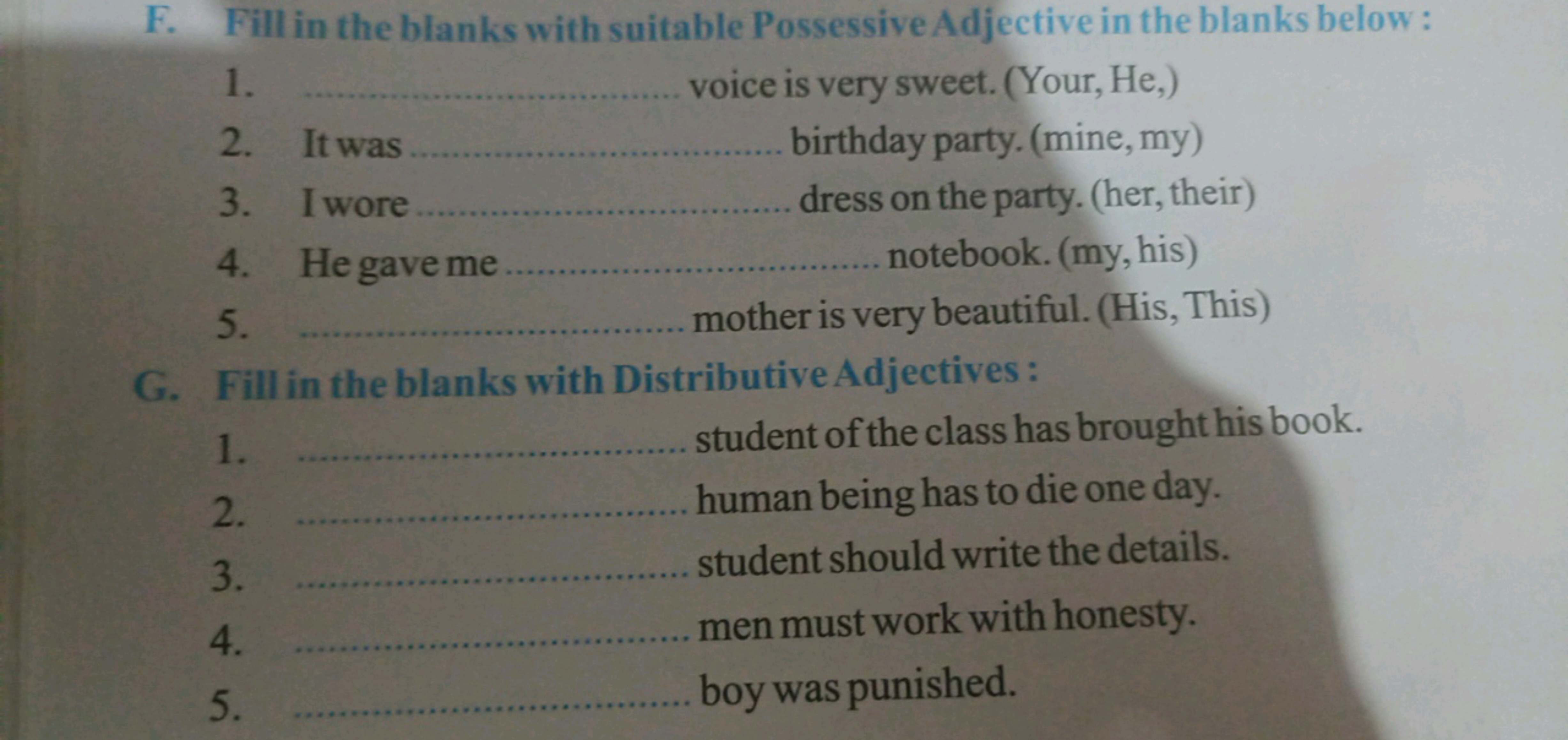 F. Fill in the blanks with suitable Possessive Adjective in the blanks