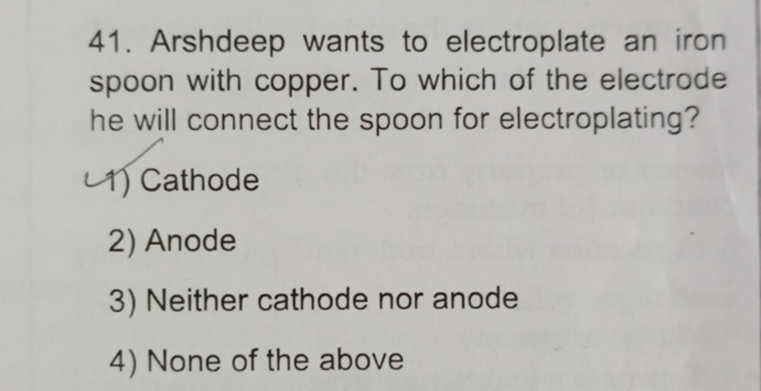 41. Arshdeep wants to electroplate an iron spoon with copper. To which