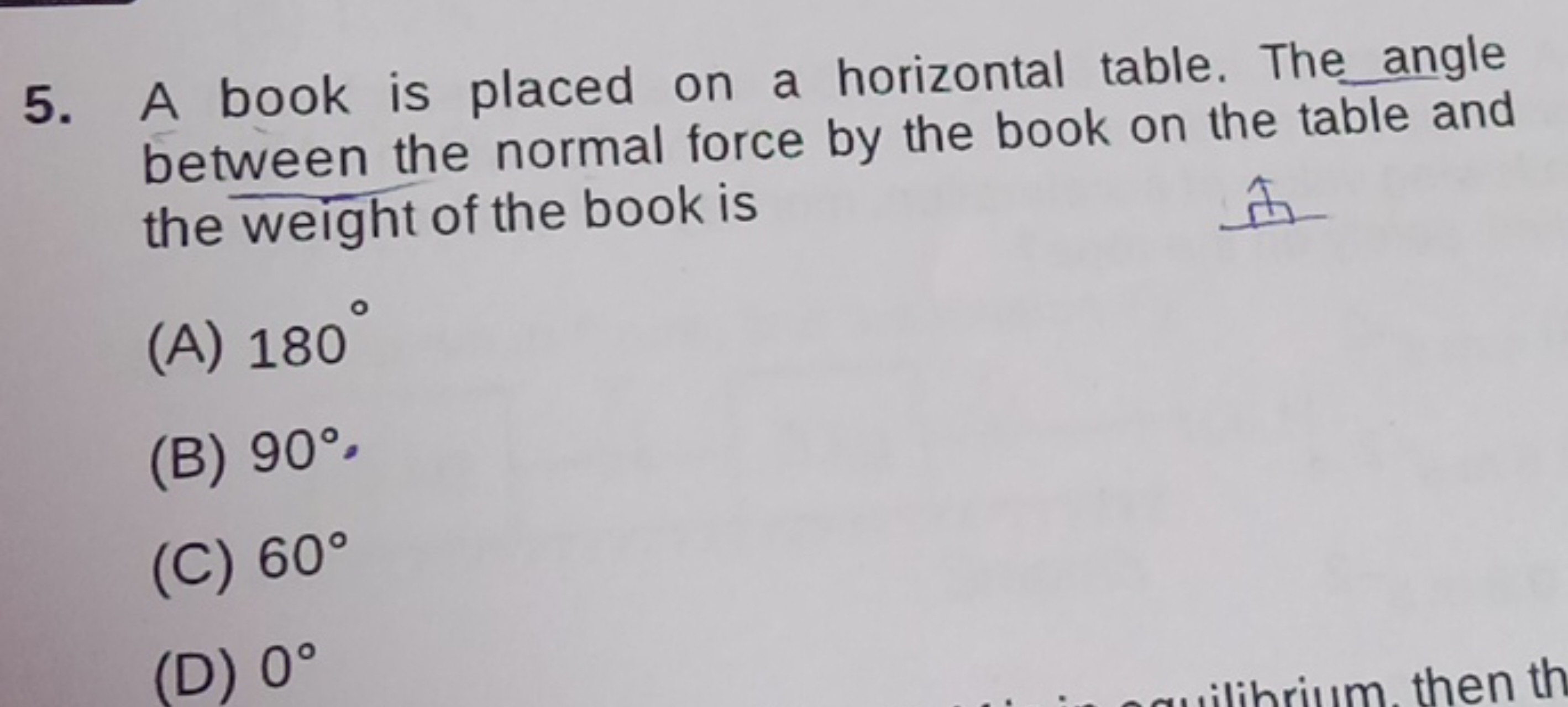 5. A book is placed on a horizontal table. The angle between the norma