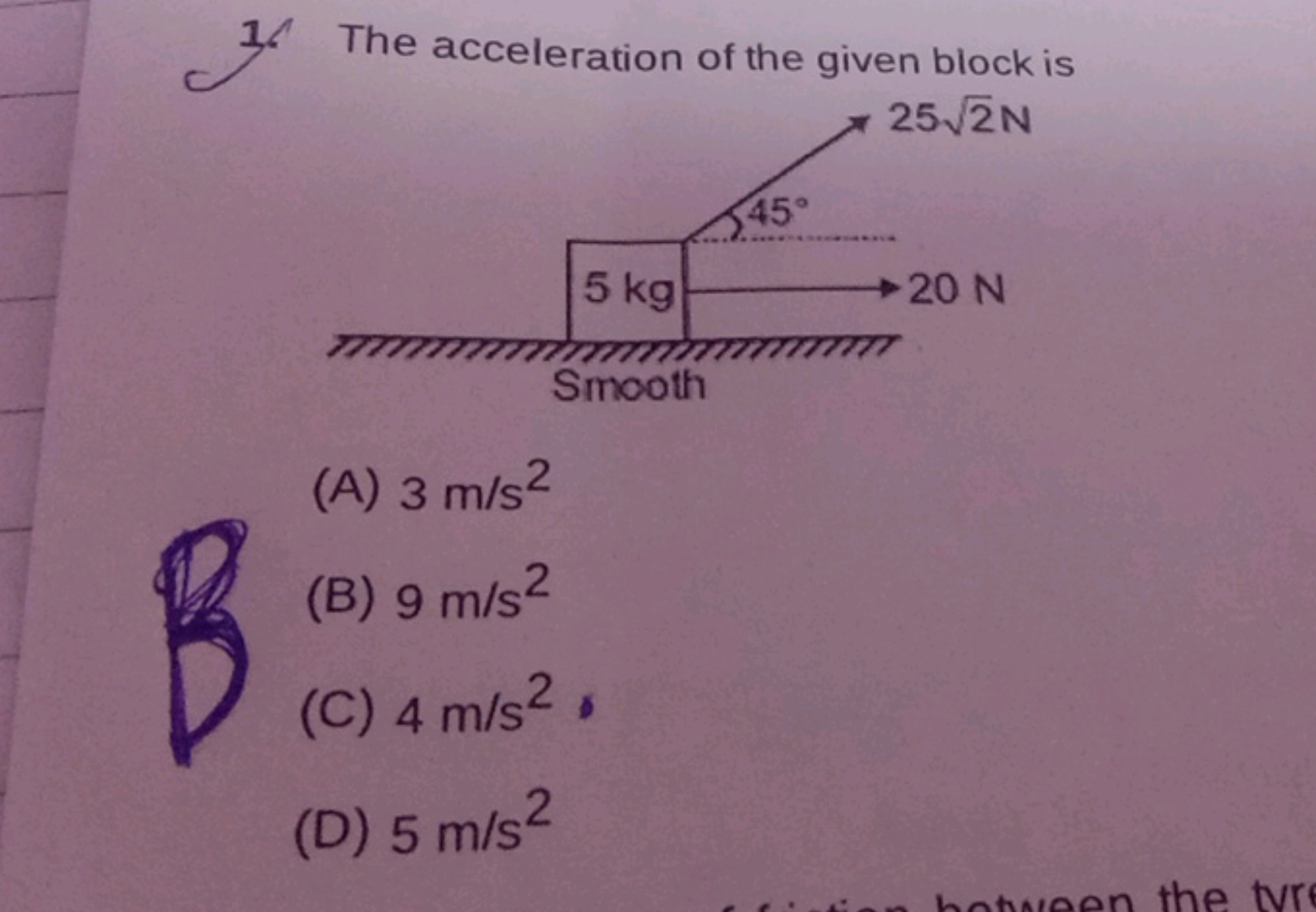 1. The acceleration of the given block is
(A) 3 m/s2
(B) 9 m/s2
(C) 4 