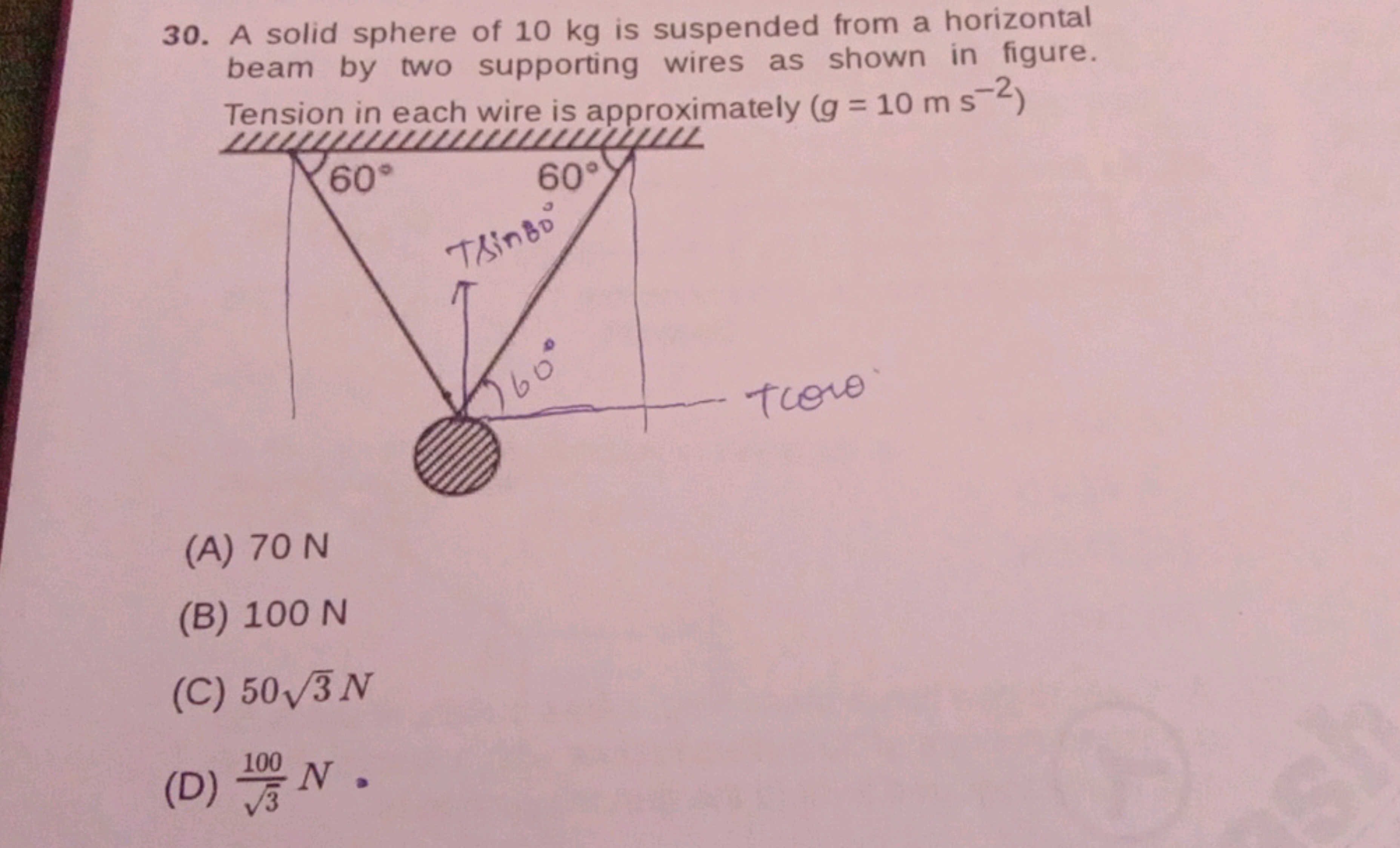 30. A solid sphere of 10 kg is suspended from a horizontal beam by two