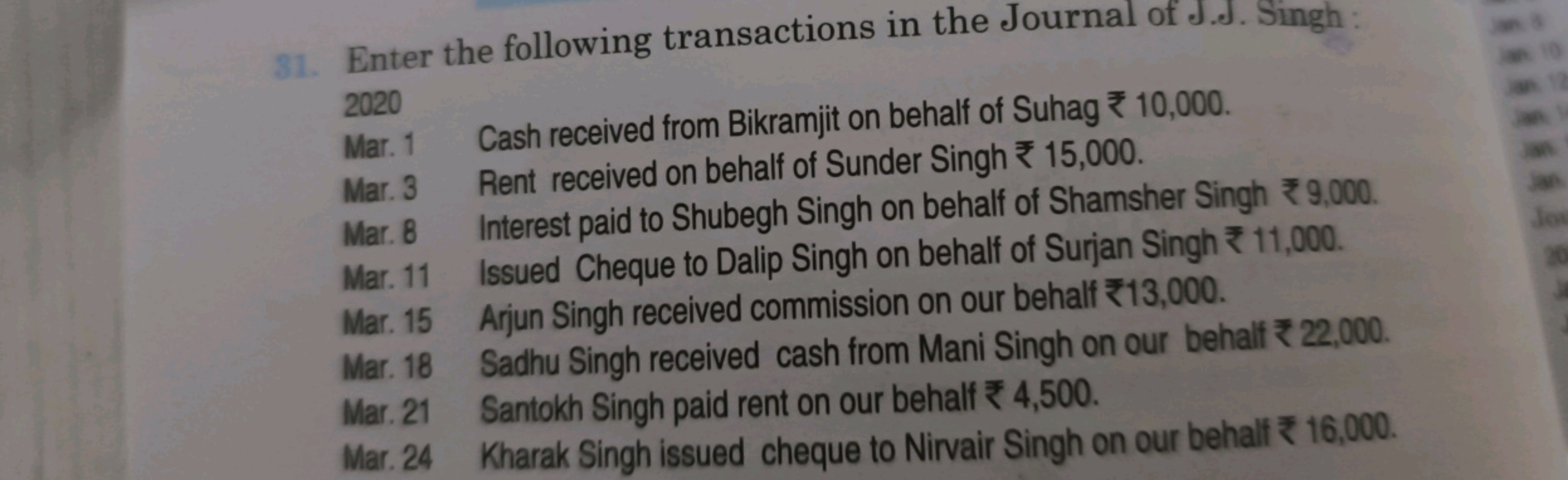 31. Enter the following transactions in the Journal of J.J. Singh:
202