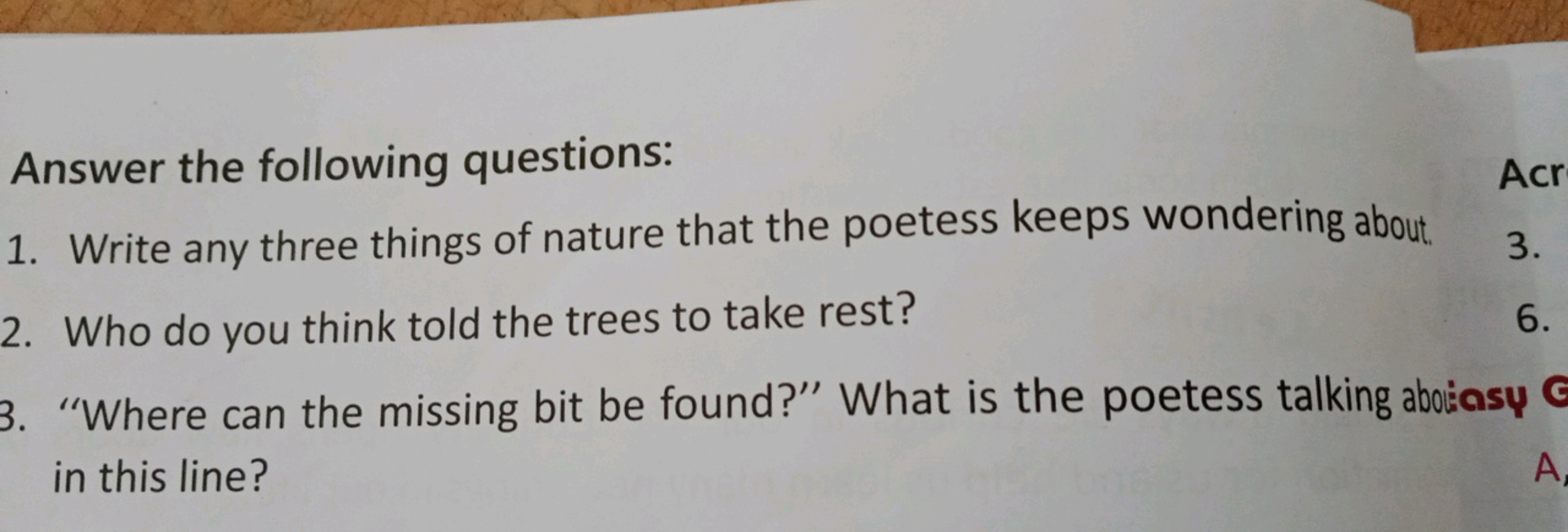 Answer the following questions:
1. Write any three things of nature th