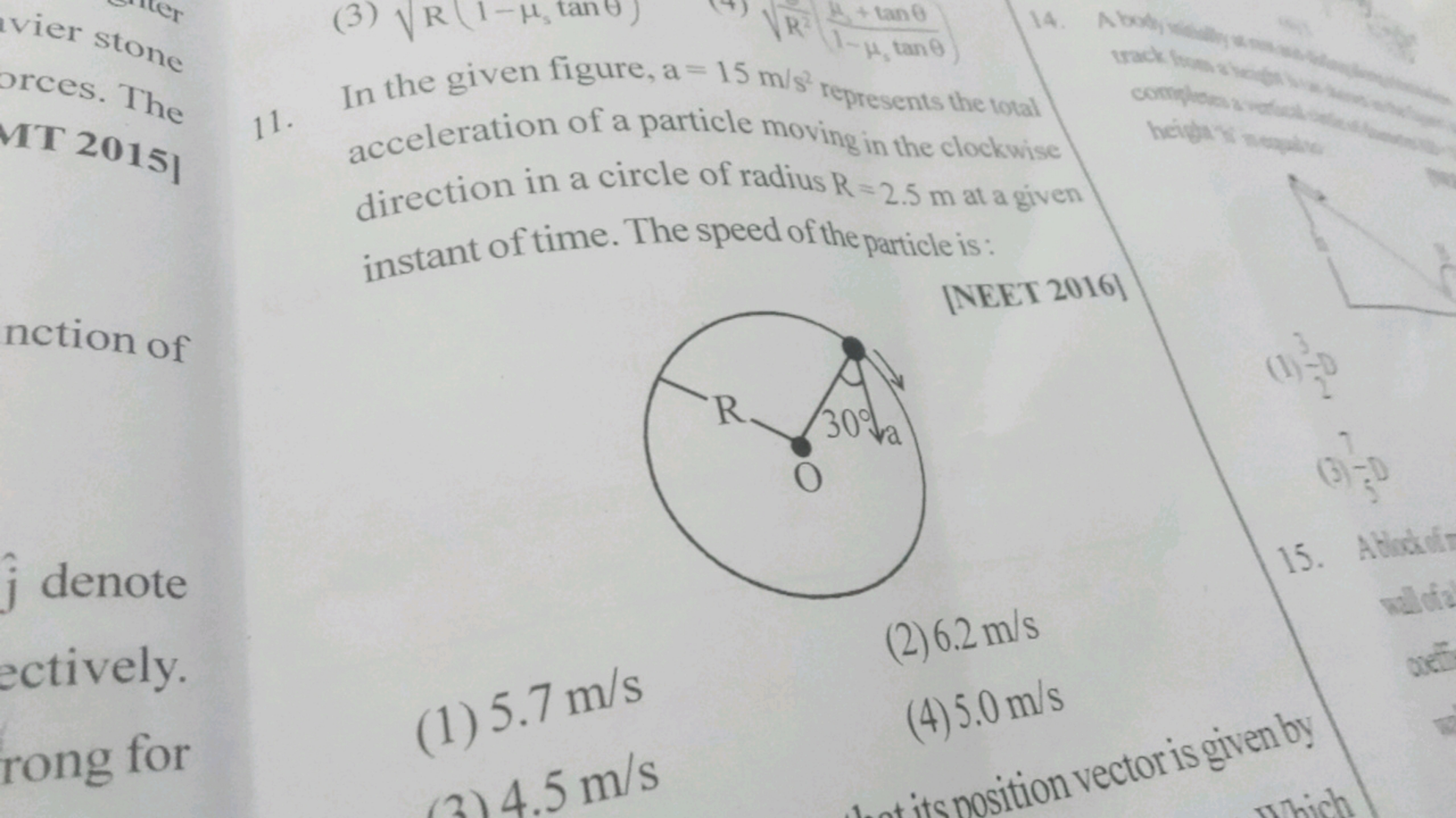 11. In the given figure, a=15 m/s2 represents the total acceleration o