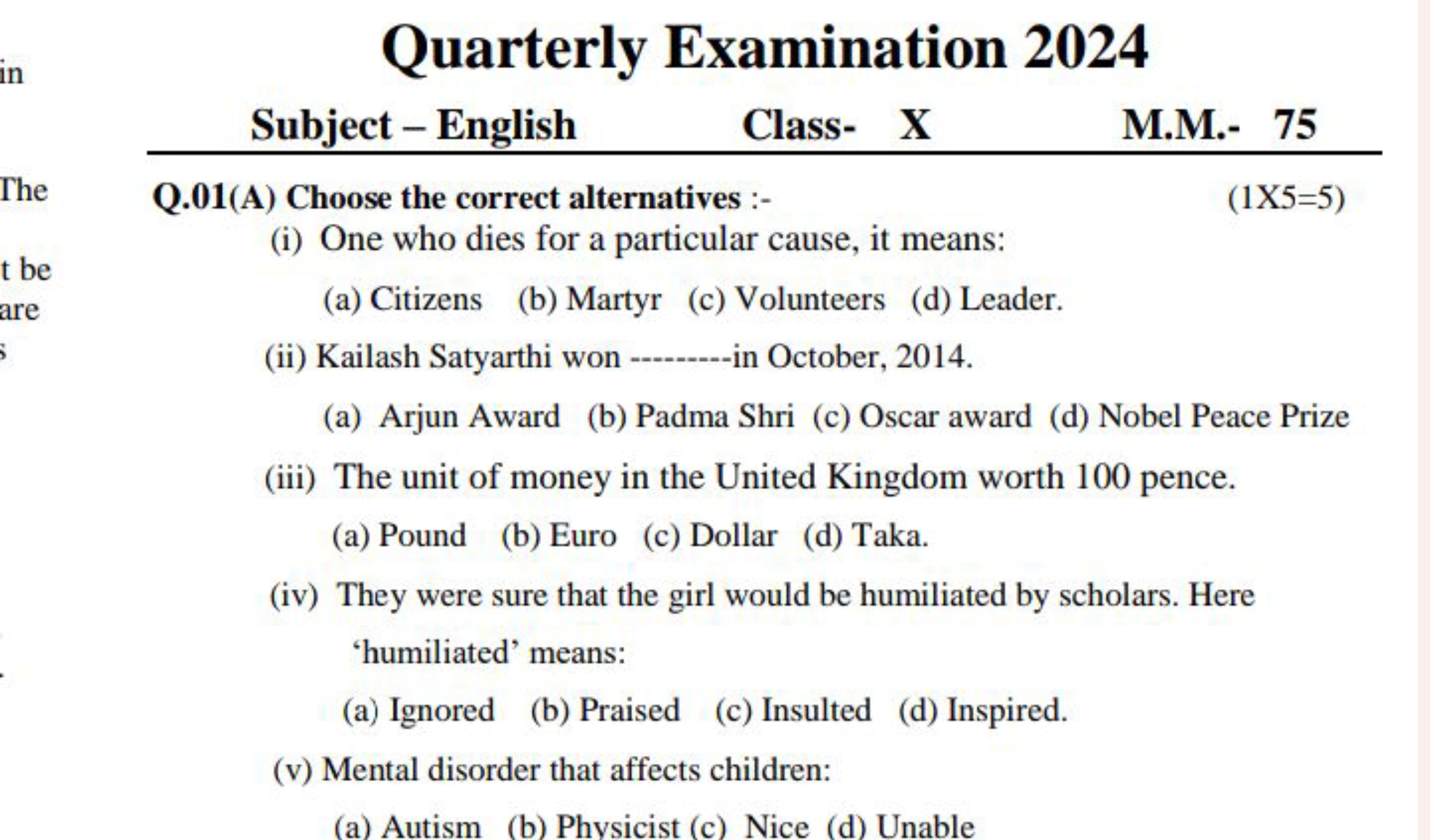 Quarterly Examination 2024
Subject - English  Class- X M.M.- 75
Q.01(A