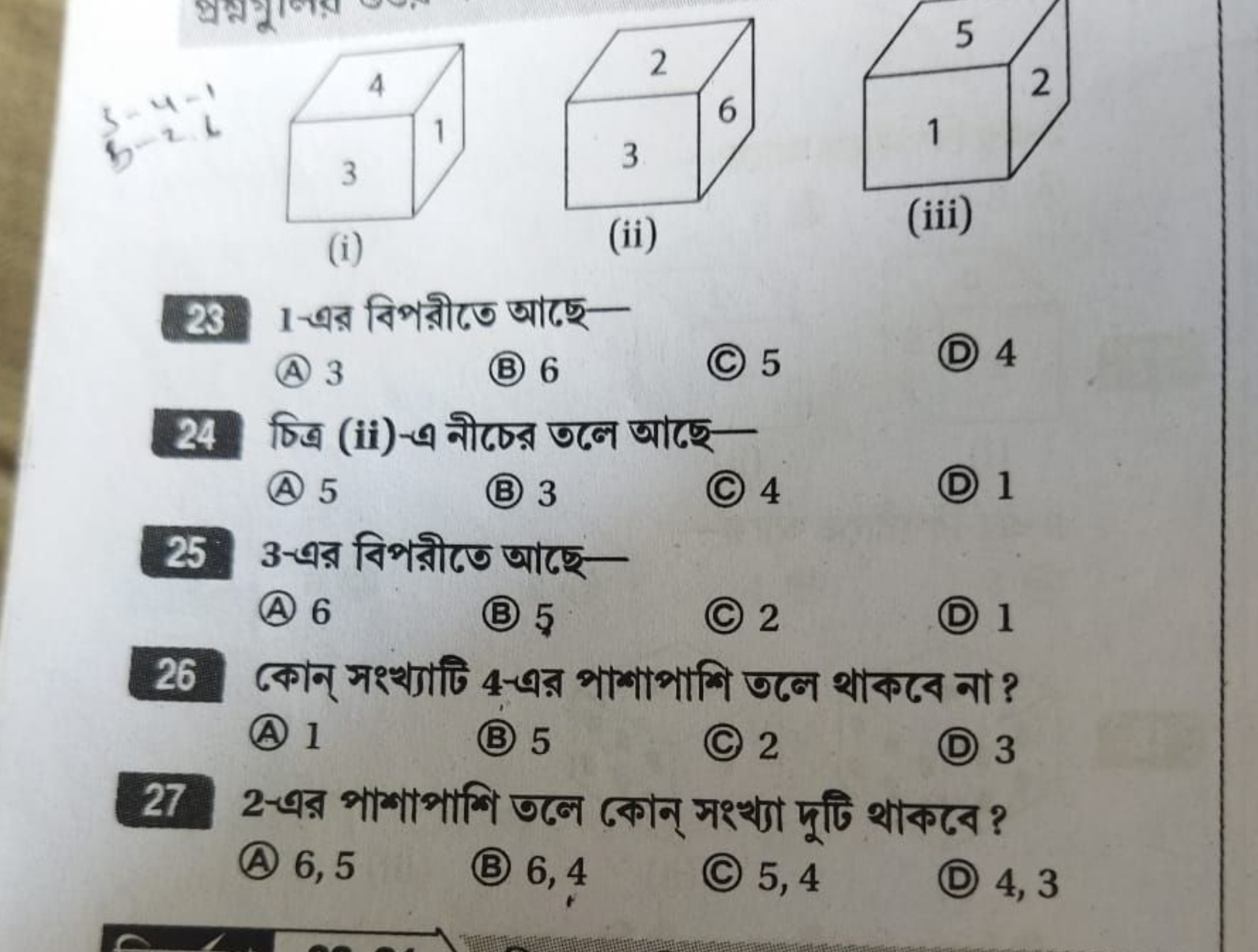 (i)
(ii)
(iii)
23 1-এর বিপরীতে আছে-
(A) 3
(B) 6
(C) 5
(D) 4
24 চিত্র (