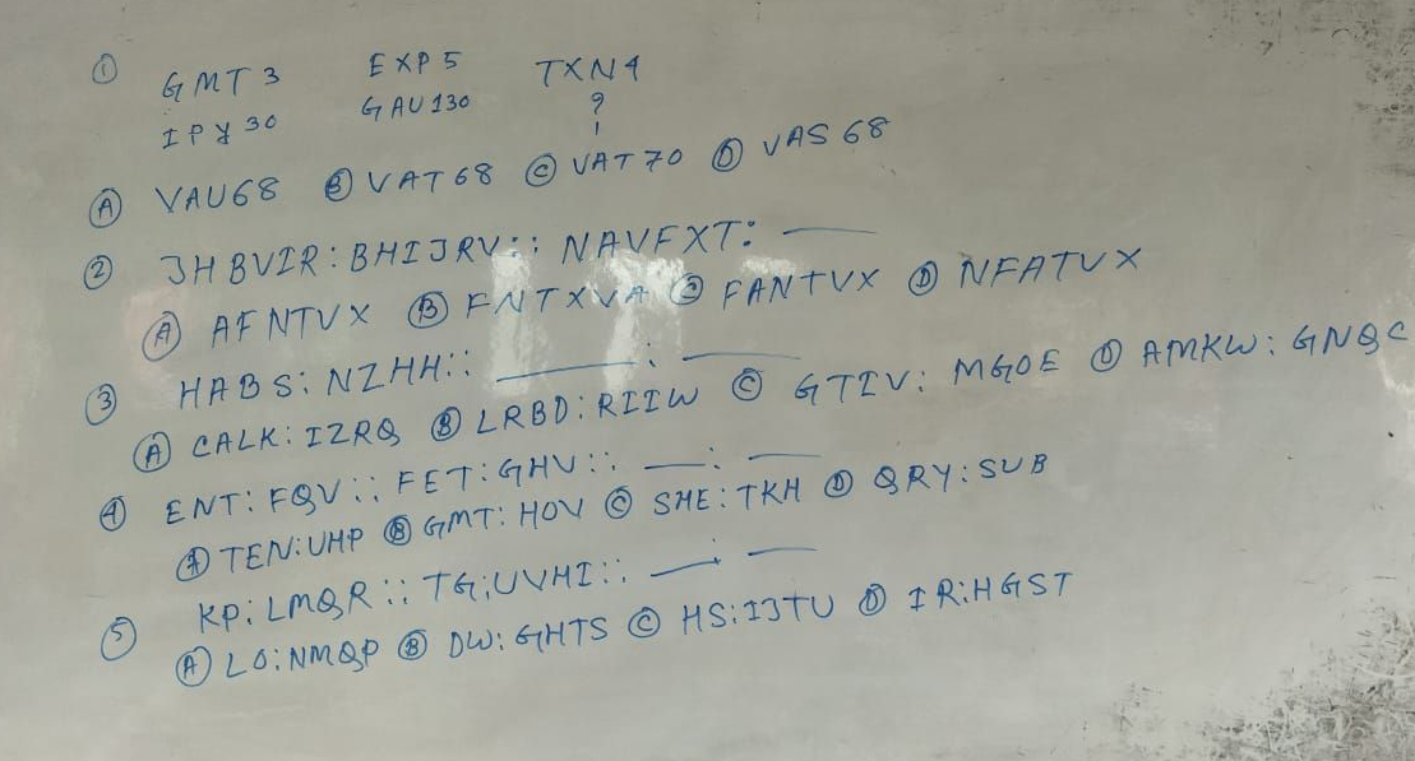 (1)
(3) VAT68
(c) VAT 70
(D) VAS 68
(A) VAU68
(2) JHBVIR:BHIJRV:: NAVF