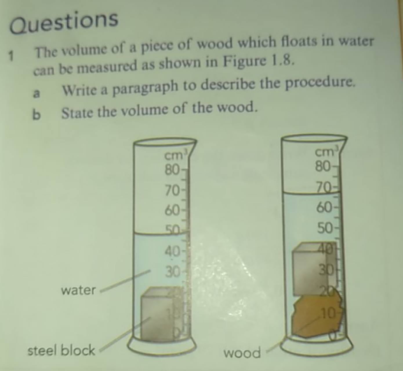 Questions
1 The volume of a piece of wood which floats in water can be