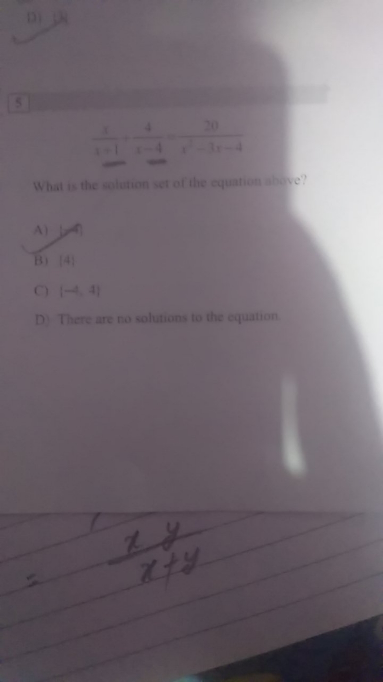 5
20
What is the solution set of the equation above?
A)
B) (4)
C) 1-4.