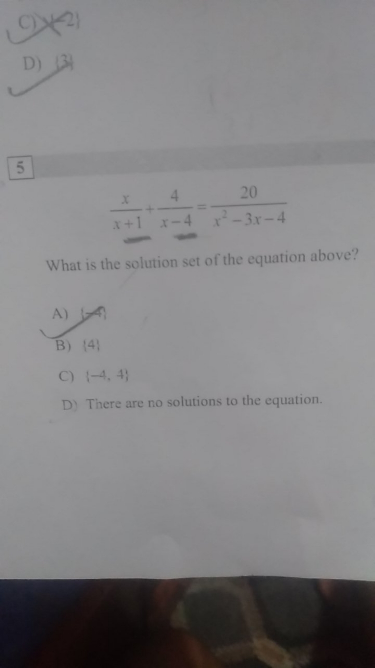 C) ⟨{2}
D) 13i
5
x+1x​+x−44​=x2−3x−420​

What is the solution set of t