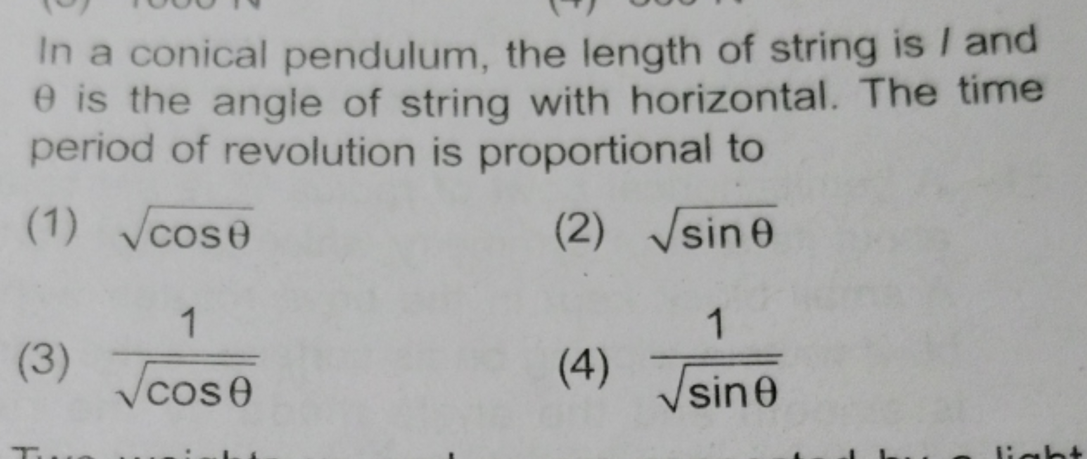 In a conical pendulum, the length of string is I and θ is the angle of